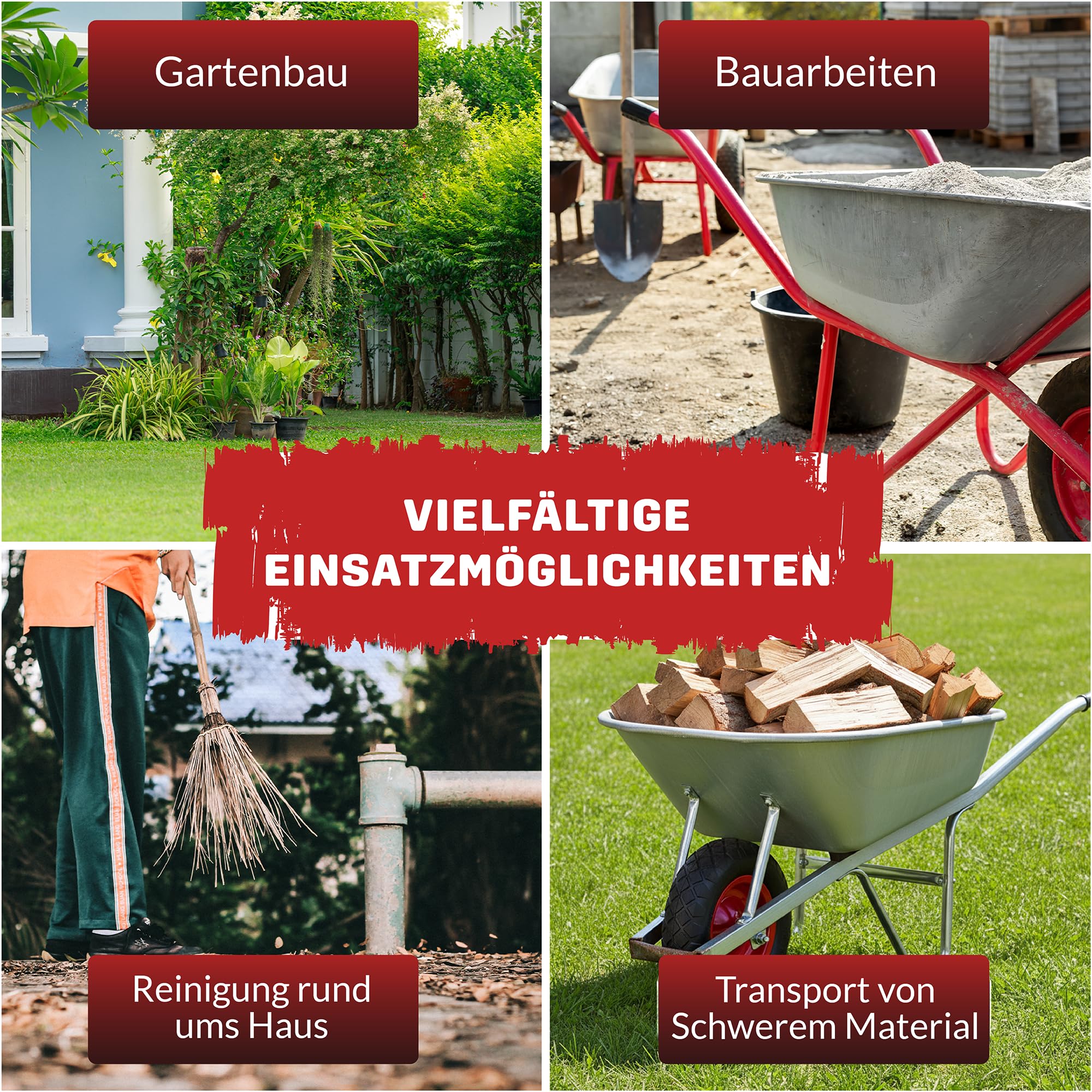 Schubkarrenrad Vollgummi 4.80/4.00-8 | PU Pannensicher | Universal Reifen für Schubkarre | Stahlfelge 200 kg Traglast | Laufruhig & Wartungsfrei | inkl. Achse & Schutzhülsen| Ersatzrad für Karren Wage