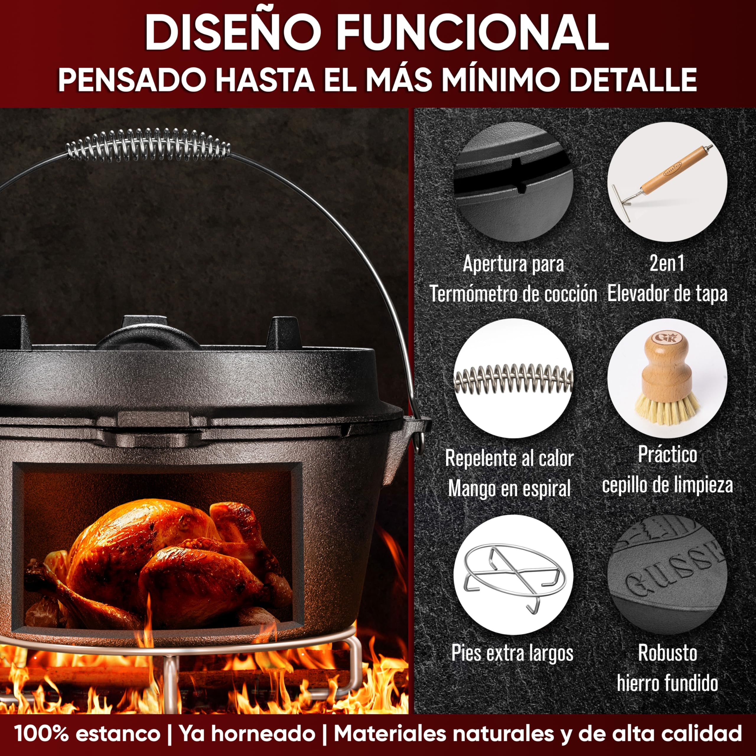 GUSSKÖNIG Ensemble de Dutch Oven - Dutch Oven de 7 Litres déjà culotté - Feuertopf en fonte sans pieds - Cocotte multifonction - avec lève-couvercle 2 en 1, brosse et livre de recettes Dutch Oven
