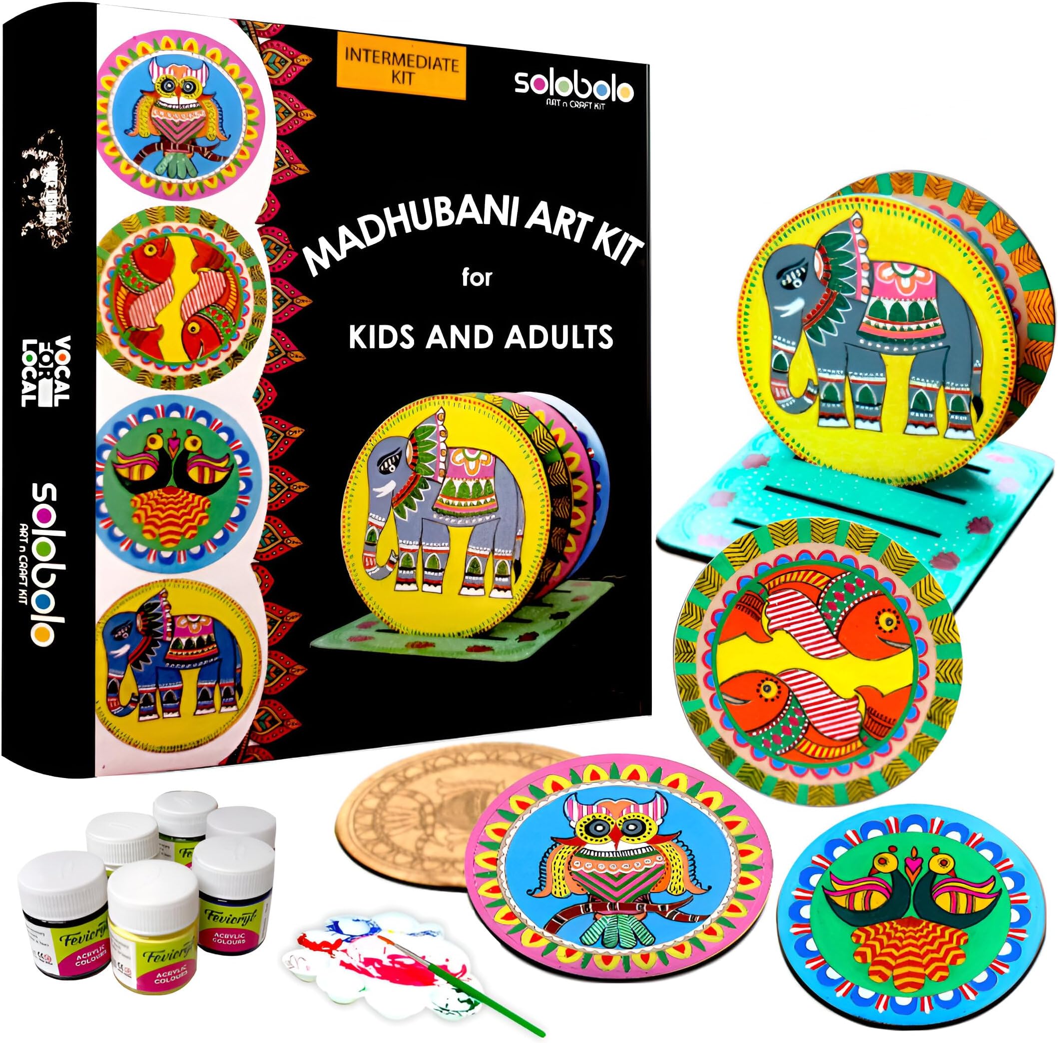 SOLOBOLO Madhubani Painting Kit Tea Coasters with Stand - Art and Craft kit for Girls 9-12, Coaster DIY Craft Kit, Painting kit for Kids 6-12, Gift for Children's (Multicolour Wood)