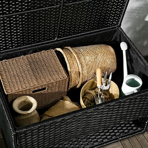Miniatura 9 de Outsunny Caja de cubierta y almacenamiento de zapatos, toallero de mimbre de ratán PE con forro para interiores, exteriores, cojines de muebles de
