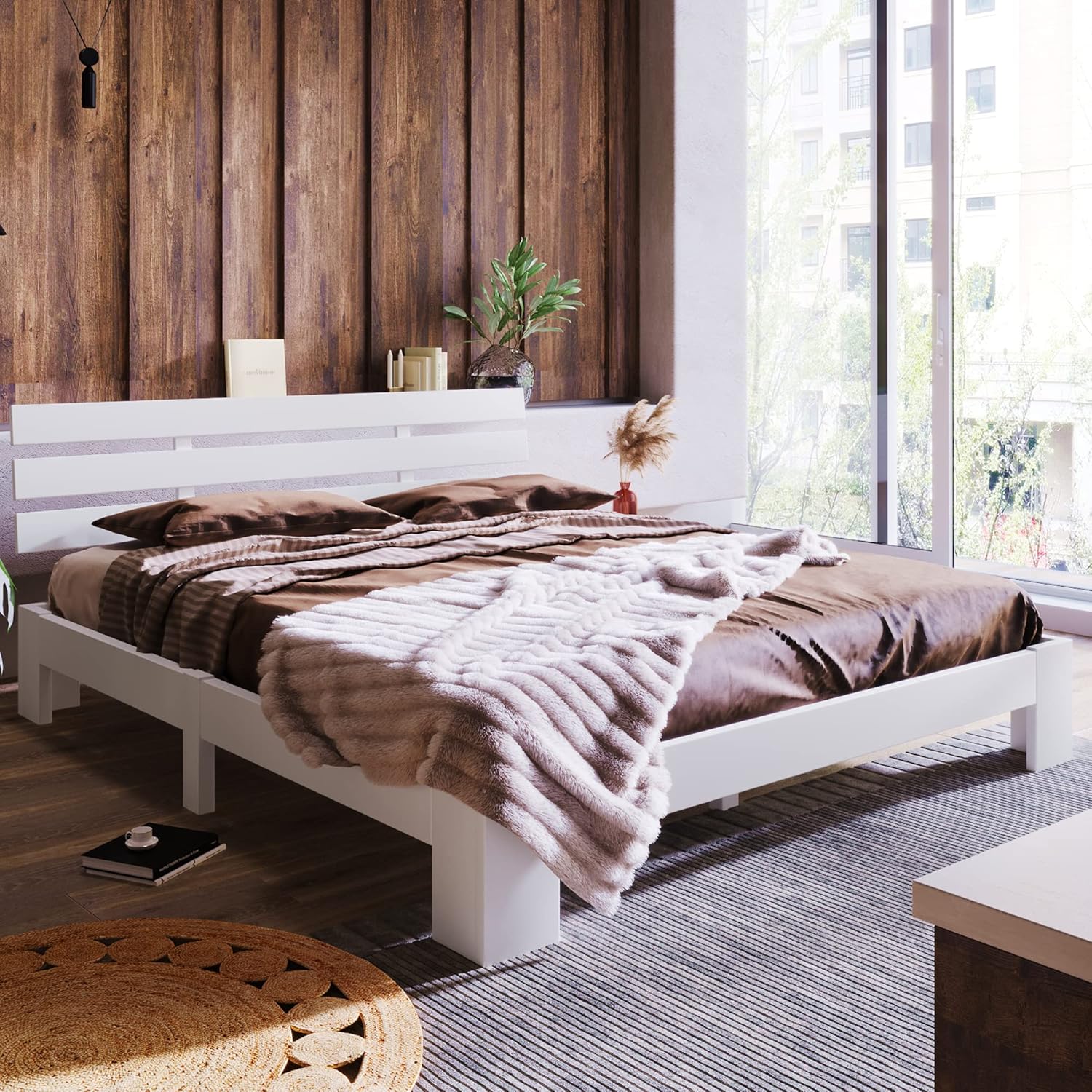 Cama con somier de madera cama doble de estructura de cama con cabecero de madera maciza, cama doble de pino, 210 x 144 x 67,5 cm