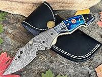 Vista 10 de Cuchillo de Bolsillo de Acero de Damasco para Hombres con Funda de Cuero, Cuchillos de Caza Plegables Hechos a Mano de 7 Pulgadas, Mango - Cuchillo