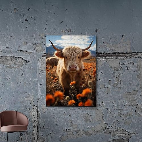 Highland Cow Wall Art, This Is Our Happy Place Inspirational Canvas Poster for Home, Long Haired Scottish Cow with White Flower Picture Farmhouse