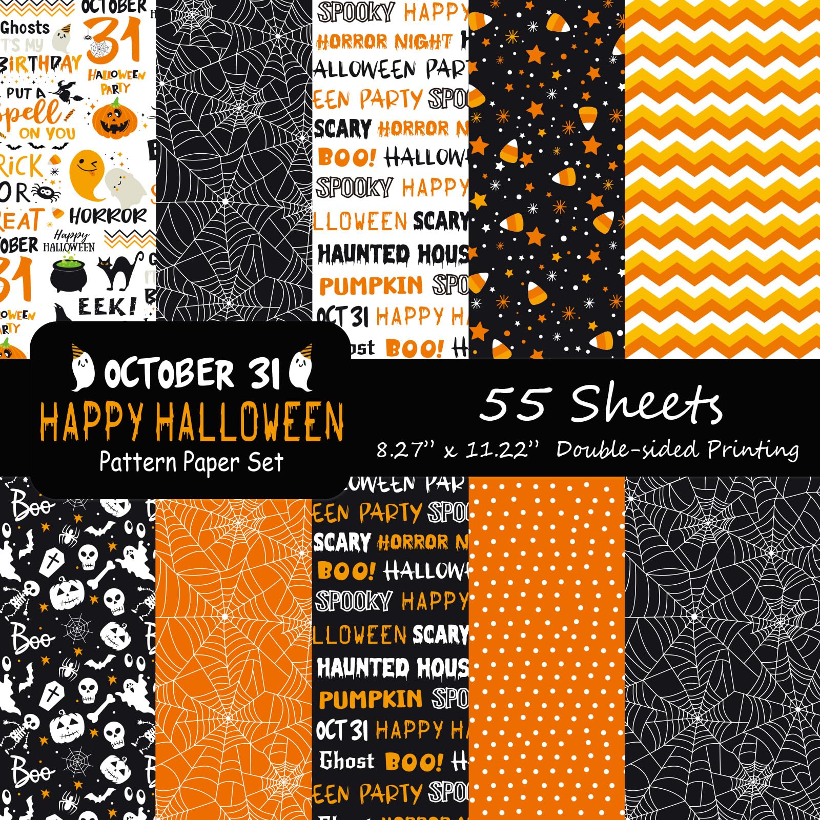 Morcheiong 55 Sheets Halloween Pattern Paper Decorative Paper Double-Sided for Card Making Scrapbook Photo Album Decor, 10 Designs (Orange, 8.27*11.22