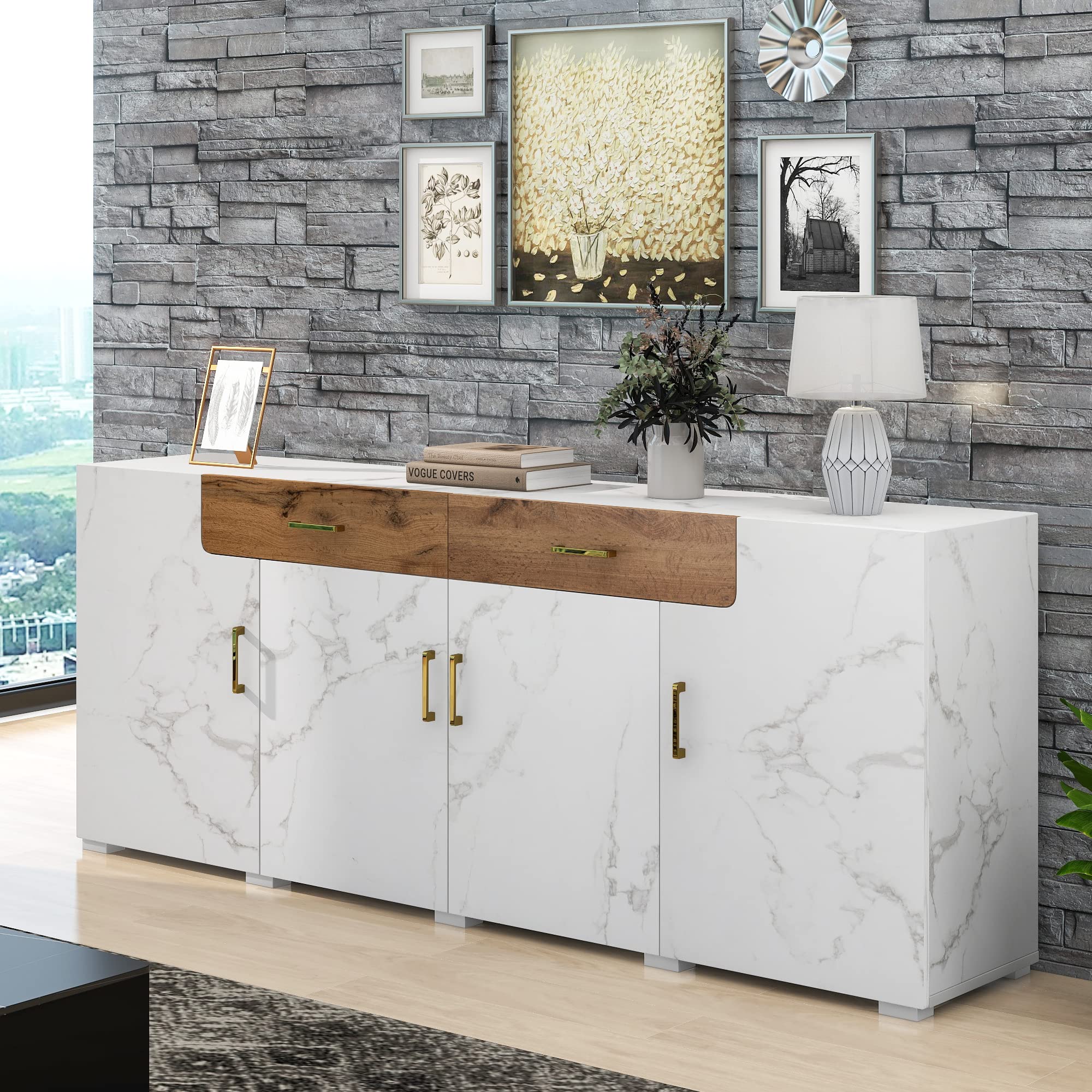 Aparador para Salon, Aparador Cocina Ancho, Buffet Comedor con Puertas con Diseño de Mármol y Cajones, Mueble Armario Cocina de Entrada, Vitrina para Dormitorio y Salón, 208×39,5×80cm (Blanco)