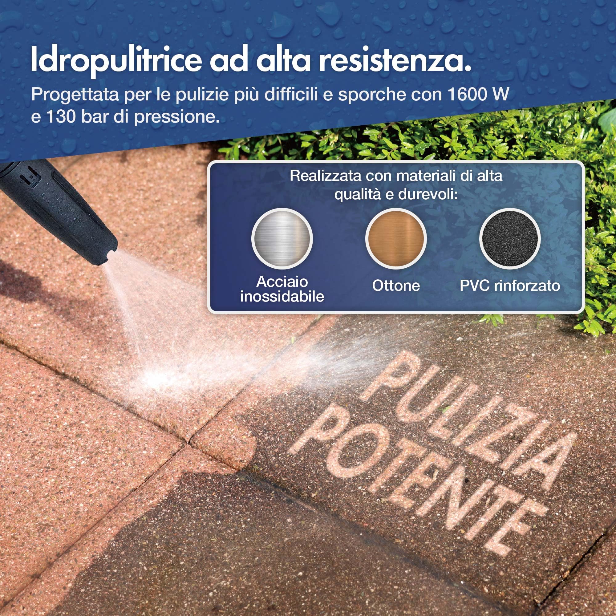 VonHaus Idropulitrice Elettrica 1600W, Con Set di 7 Accessori, Portatile | Idropulitrice ad Alta Pressione max.130 bar, Portata d'acqua 390 l/h, Con Tubo 5m per Auto, Patio e Muri
