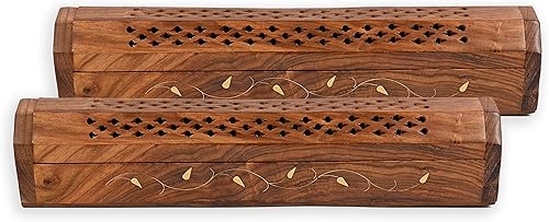 Paquete de 2 soportes para varillas de incienso, estilo ataúd, quemador de incienso de madera con incrustaciones de enredaderas (natural) hecho a