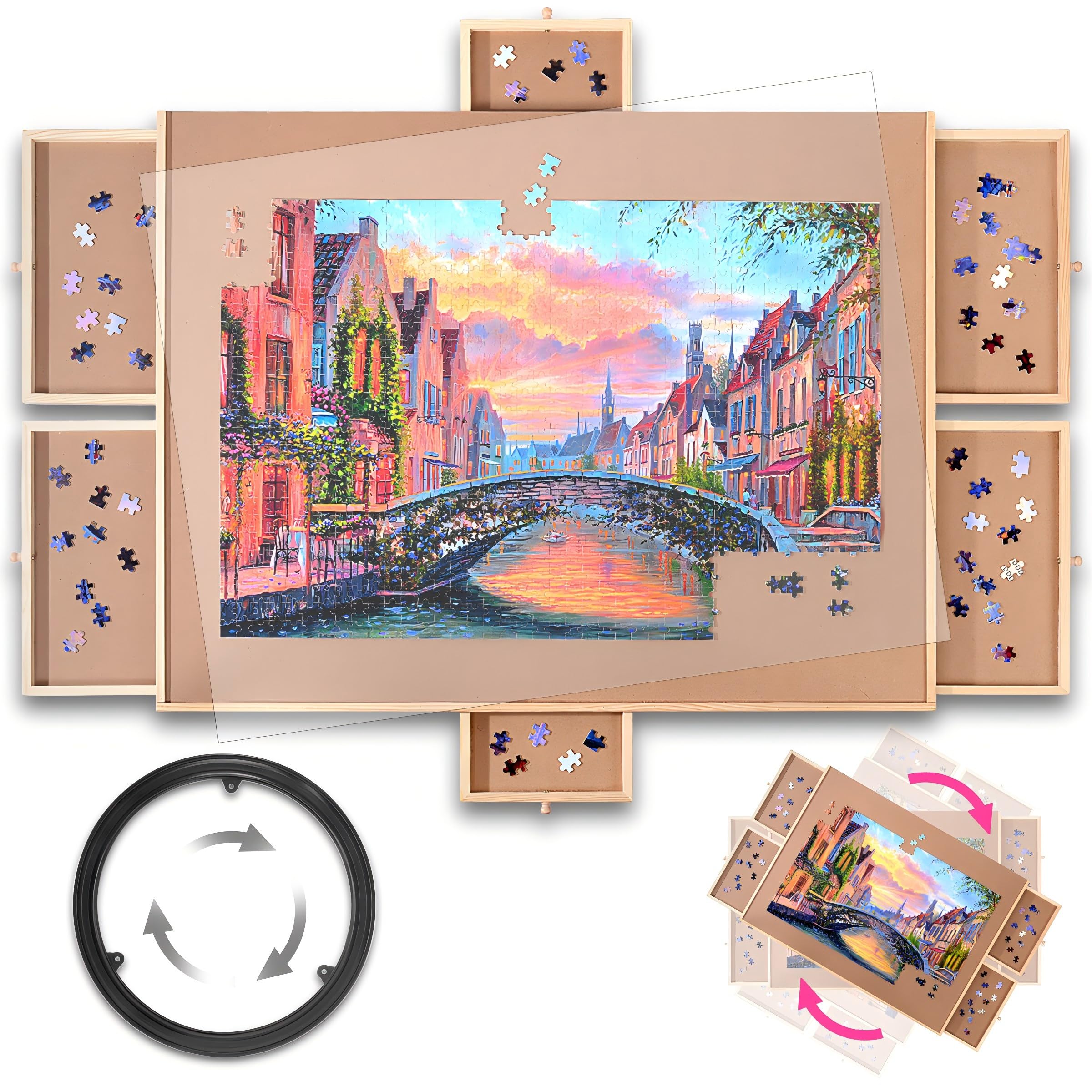 LAYAONE 1500PCS Rotating Wooden Jigsaw Puzzle Board - Portable