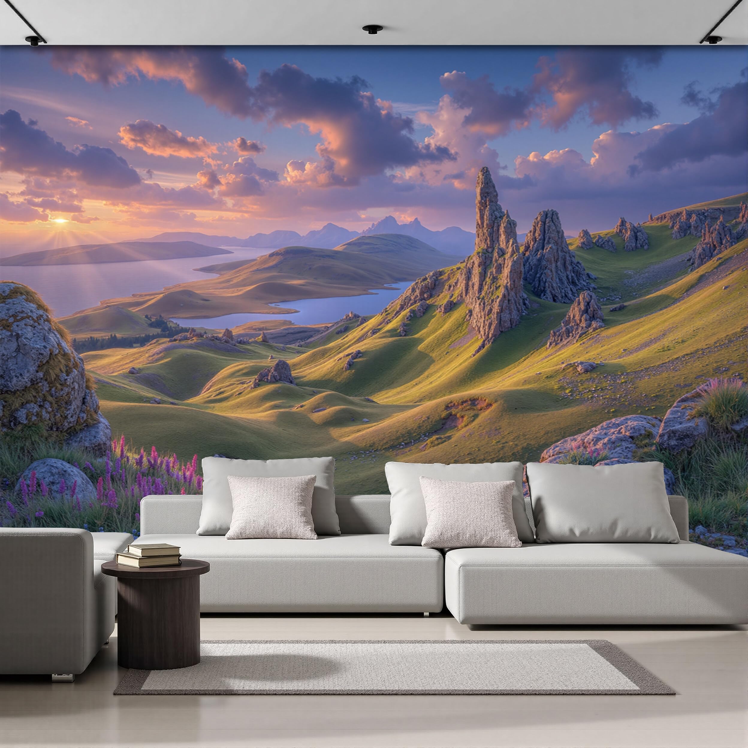 Mural de pared de Escocia rosa y verde para crear un salón relajante y moderno