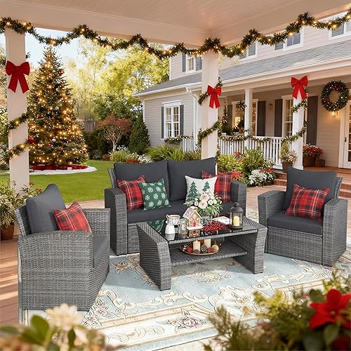 Miniatura 17 de Wisteria Lane Juego de muebles de patio de 4 piezas, conjunto de muebles de mimbre para conversación al aire libre, sofá de patio para todo