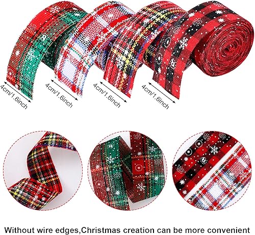 Miniatura 2 de 4 rollos de cinta de tela escocesa de Navidad con copos de nieve, cinta de arpillera de cuadros de Navidad para el árbol de Navidad, decoración de