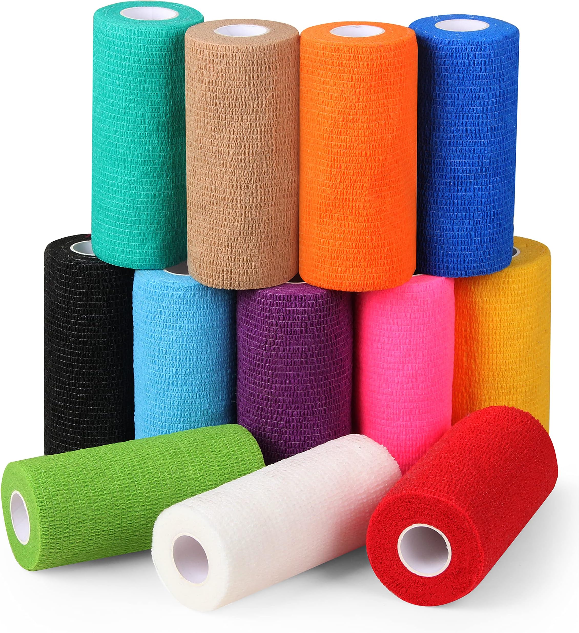 Self Adhesive Bandage Wrap - Pack of 12 Assorted Colors, Breathable & Water-Resistant Vet Wrap for First Aid, Sports Injury, Body Sprains, & Pets (4 Inch Multicolor - 12 Pack)