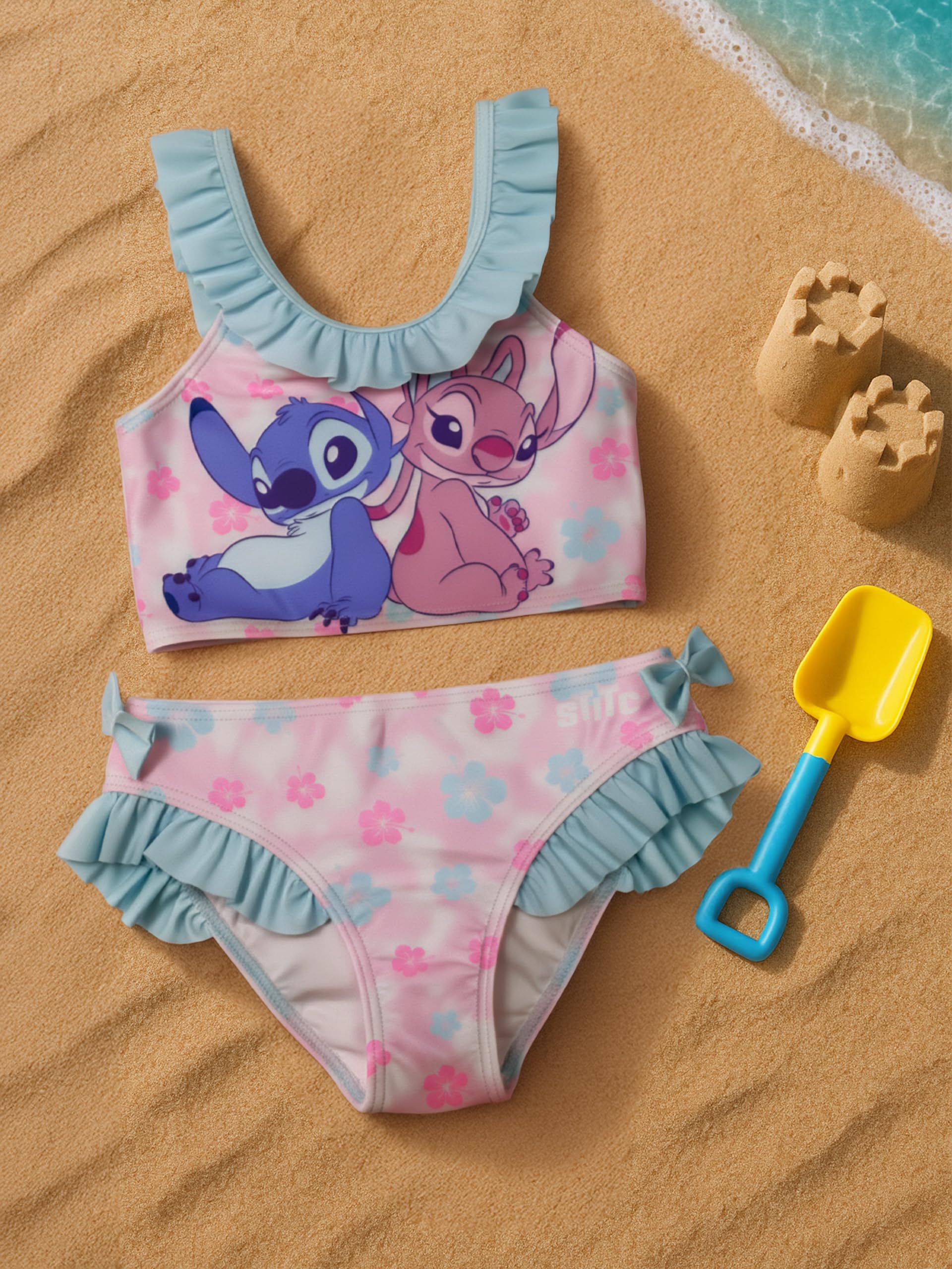 Disney Lilo & Stitch Bikini con volant e fiocchi per ragazze – Costume da bagno in due pezzi, rosa/blu