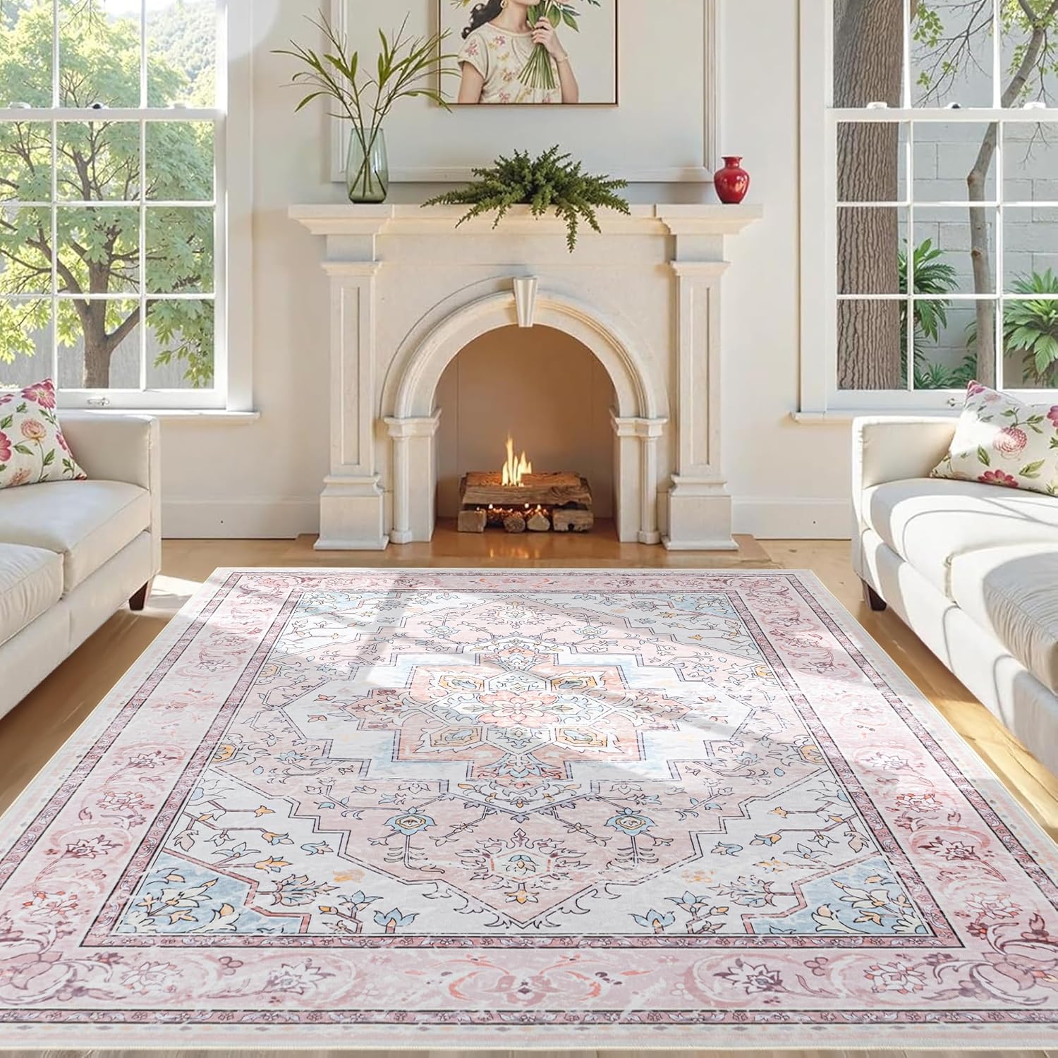 5x7 Area Rug Pink - Soft Floral Living Room Rug, Non-Slip Oriental Washable Area Rug, Indoor Vintage Boho Rug for Nursery, Dining Room, Bedroom, Home Decor - Pink/Multi