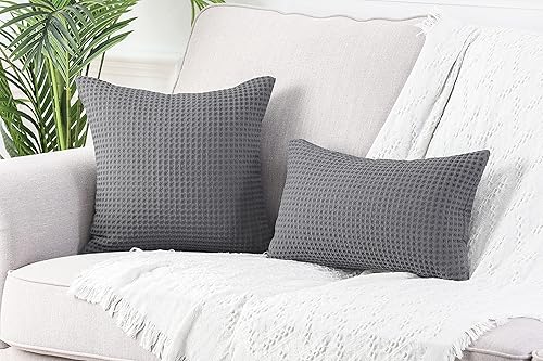 Miniatura 5 de MANDIOO Juego de 2 fundas de almohada decorativas con textura de gofre, fundas de cojín de algodón sólido suave para sofá, cama, 24 x 24 pulgadas,