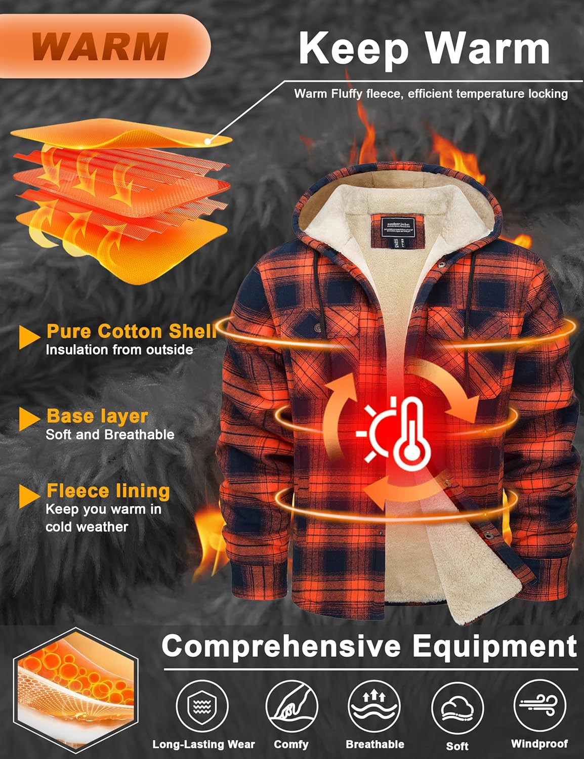 CRYSULLY Men's Flannel Jackets Sherpa Fleece Lined Hoodies Soft Warm Plaid Shirt Jacket Cotton Button Winter Coat with Hood - Image 8