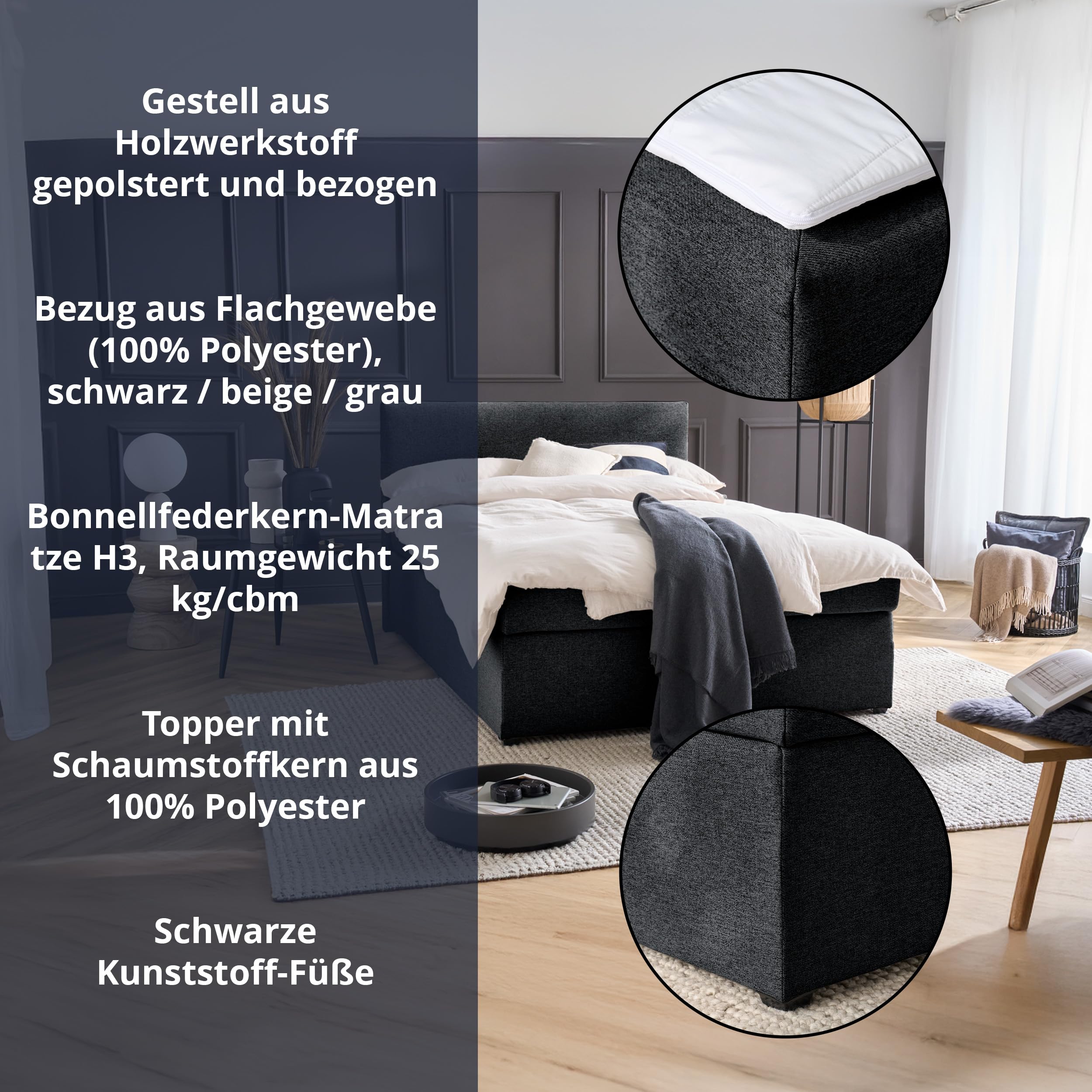 KHG Boxspringbett schwarz Härtegrad H3 mit Matratze Bonellfederkern und Topper 100% Polyester Schaumstoffkern Gestell Holzwerkstoff gepolstert stoffbezogen zeitlos