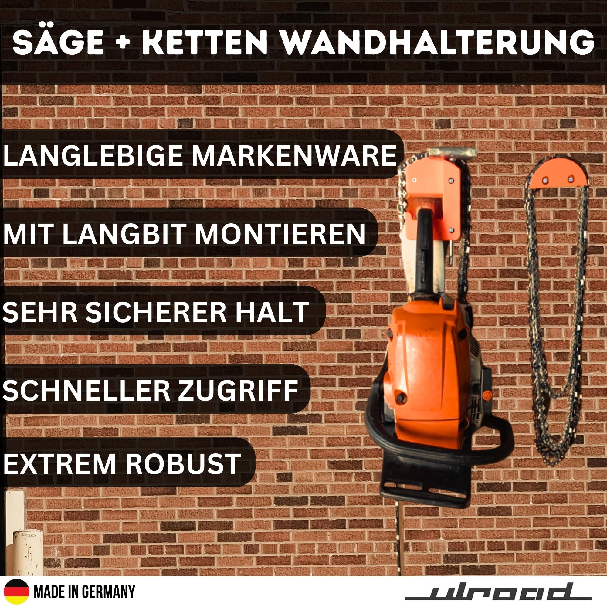 Halterung für Kettensäge + Ketten + Werkzeug I Passend für Stihl Husqvarna Dolmar I Sägeketten Halter Wandhalterung