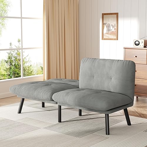 Futon Sofa Sleeper Couch Bed with Adjustable Backrest Thick Cushion Velvet Fabric for Department Living Room Lounge Sofa Loveseat (Gray)