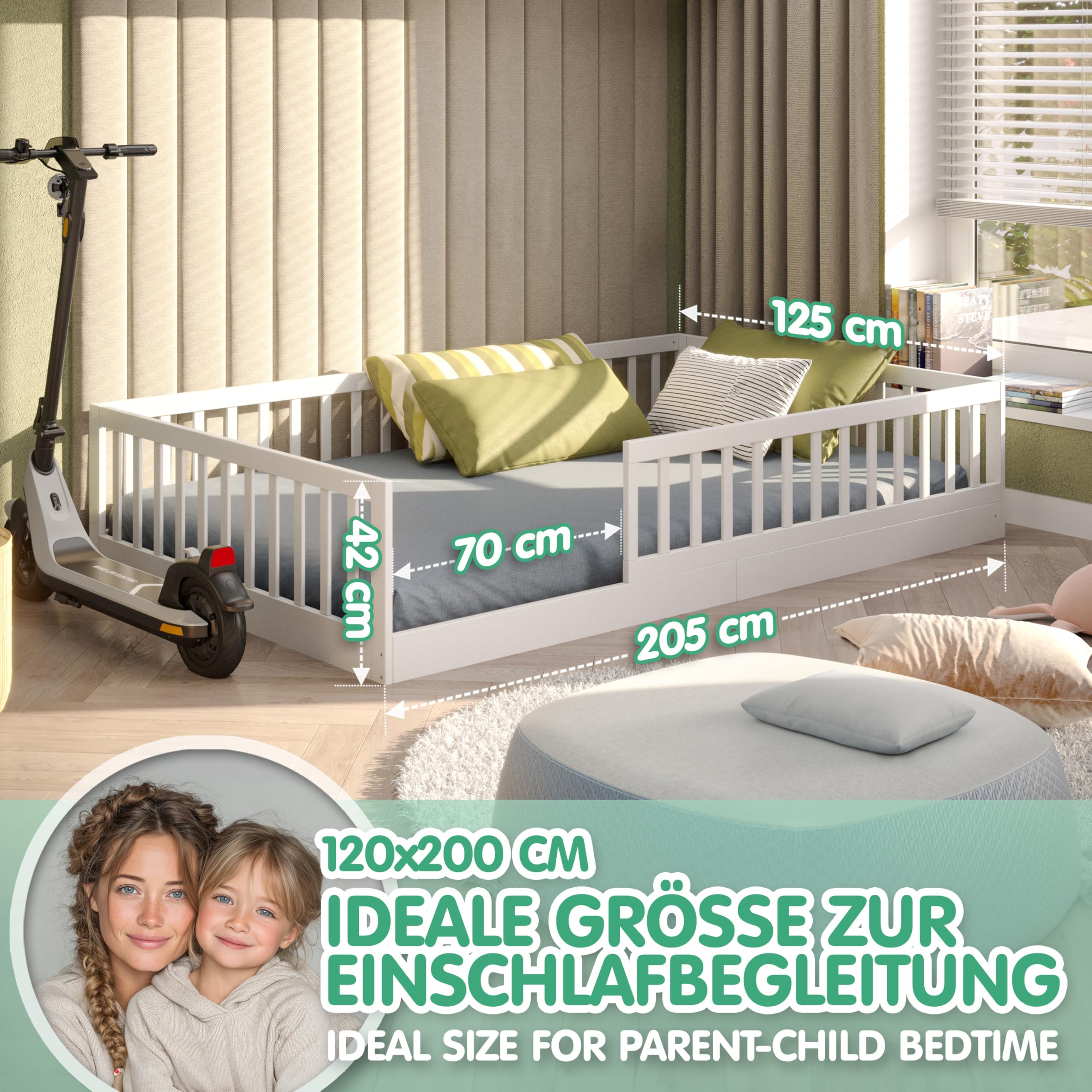 CADANI Timi Lit de Sol 120x200 cm Lit Enfant Montessori avec Barrière de Sécurité et Sommier à Lattes, Bois Massif Pin, Blanc, 3 Variantes de Construction