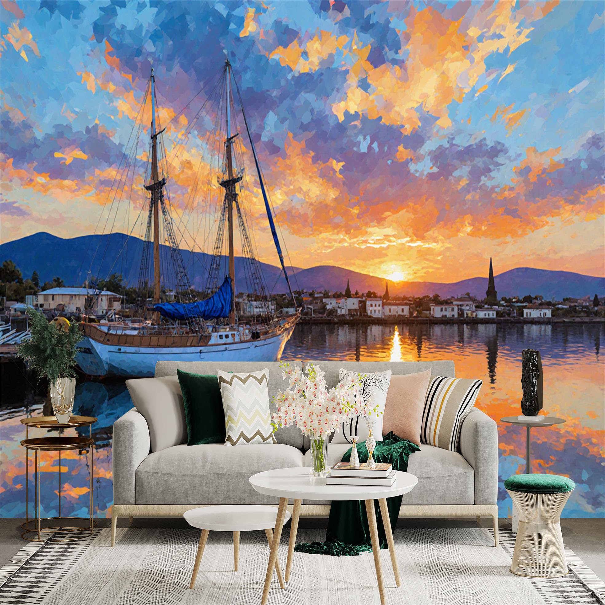 Lnzczhyre Xc260505055 Custom Size Wall Sticker Mural， Sailboat At Sunset， Golden Hour Seascape， Reflection On Calm Water， Peaceful Harbor View， For Wall Decoration， Peelandstick Wall Decals.