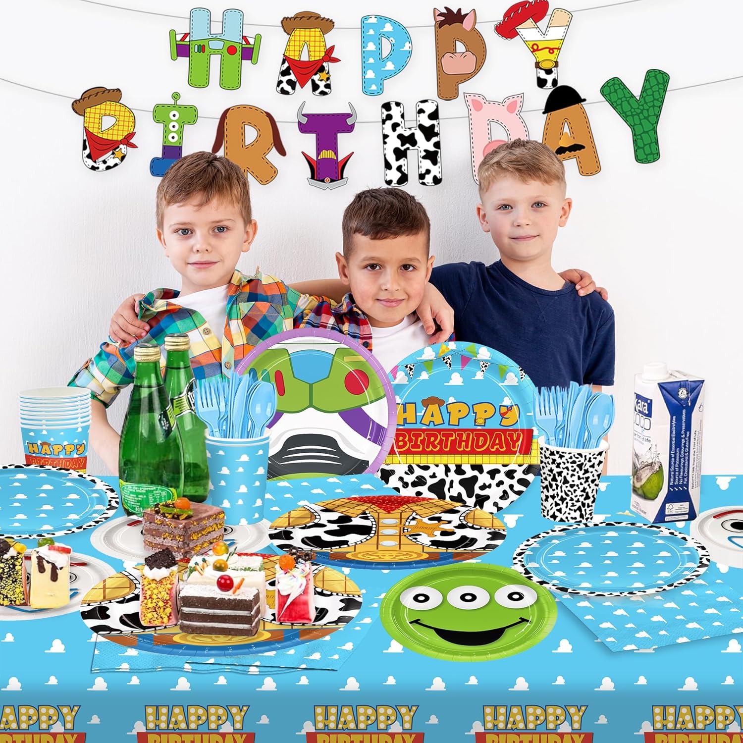 171pcs Toy Birthday Party Supplies Include Paper Plates Napkins Cups Banner Tablecloths for Toy Birthday Party Decorations Disposable Tableware Set for Kids Serve 24 Guests
