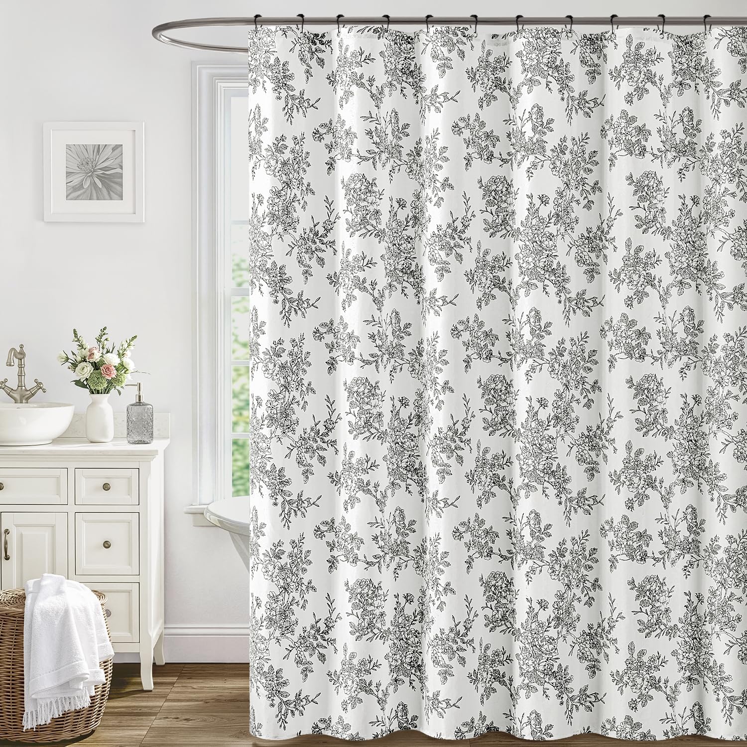 Extra Long Black Floral Shower Curtain 84 Inch Long, Linen Textured Fabric with 12 Rustproof Metal Hooks, Wrinkle Resistant Machine Washable Bathroom Decor for Cottagecore Style, W72* L84