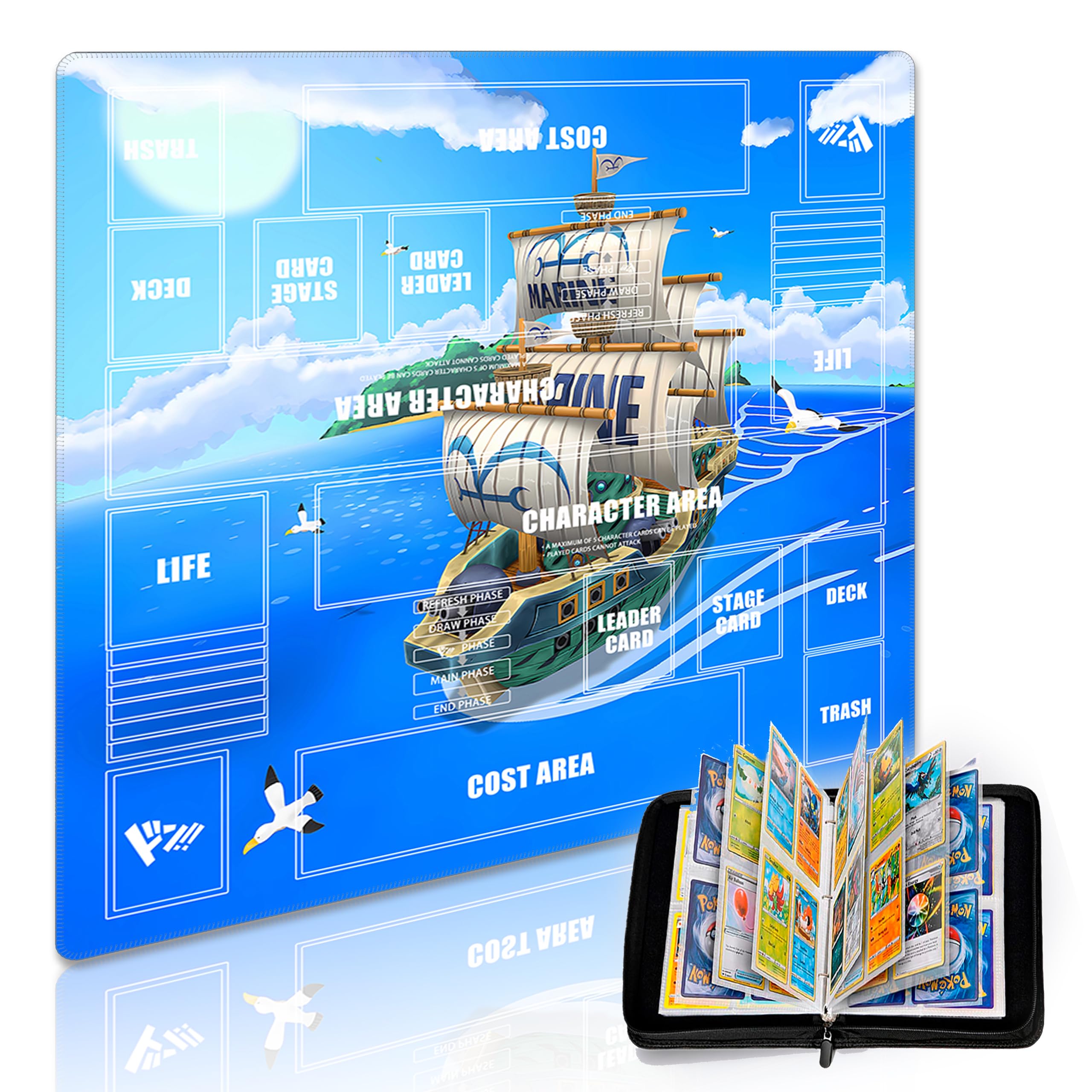 Extalas Playmat for One Piece Card Game for Two Players, 24x24 inches, with 4-Pocket Card Binder Set and 400+ Card Capacity