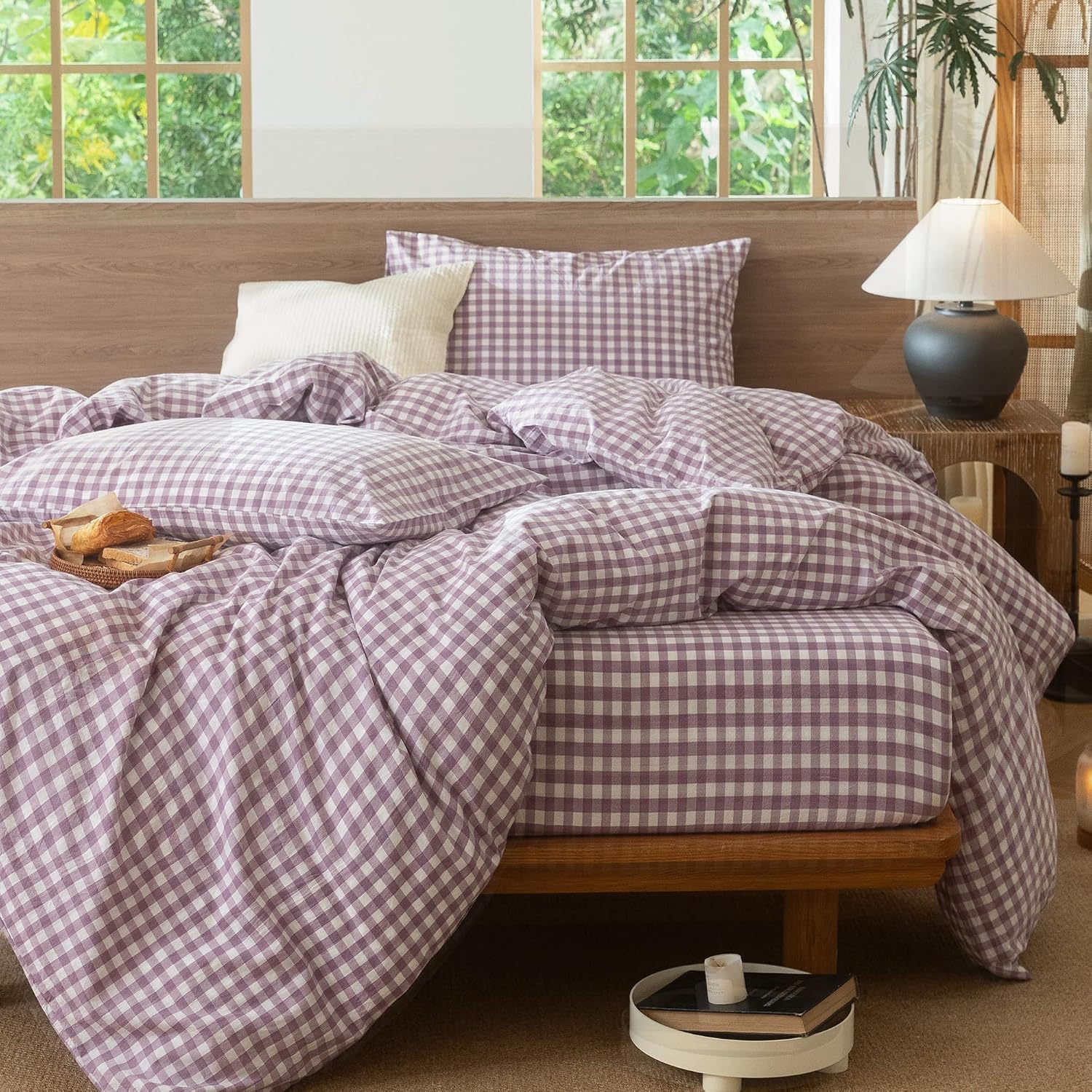 MooMee Gingham Duvet Cover Set 100% Washed Cotton Linen Like Textured Breathable Durable Soft Comfy Modern Checkered Design (Classic Gingham Light Purple, King 104"x90")