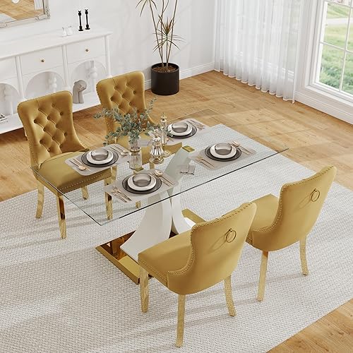 Miniatura 18 de Juego de mesa de comedor moderno de vidrio para 4, mesa de 160 cm de vidrio templado con base dorada estética y 4 sillas de comedor lujosas azules y