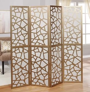 Roundhill Furniture Giyano Gold 4-Panel Room Divider - Modern Mosaic Screen, Folding Privacy Partition 70x70 Inch