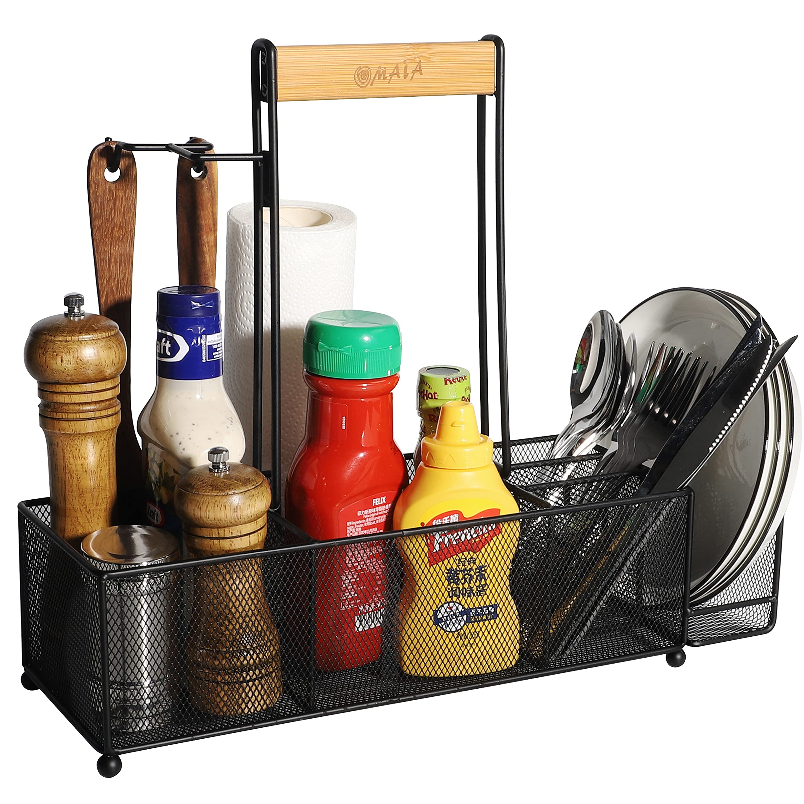 OMAIA BBQ and Grill Caddy with Paper Towel Holder, Wood Handle & 2 Hooks – Camper Accessories Condiment Caddy – Plates, Cutlery and BBQ Organizer for Camping Outdoor, RV - US Patent Pending