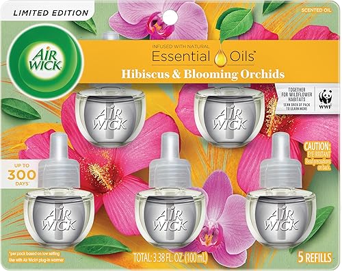 Air Wick Repuesto de aceite perfumado enchufable, 5 unidades, hibisco y orquídeas florecientes, ambientador, aceites esenciales, colección de