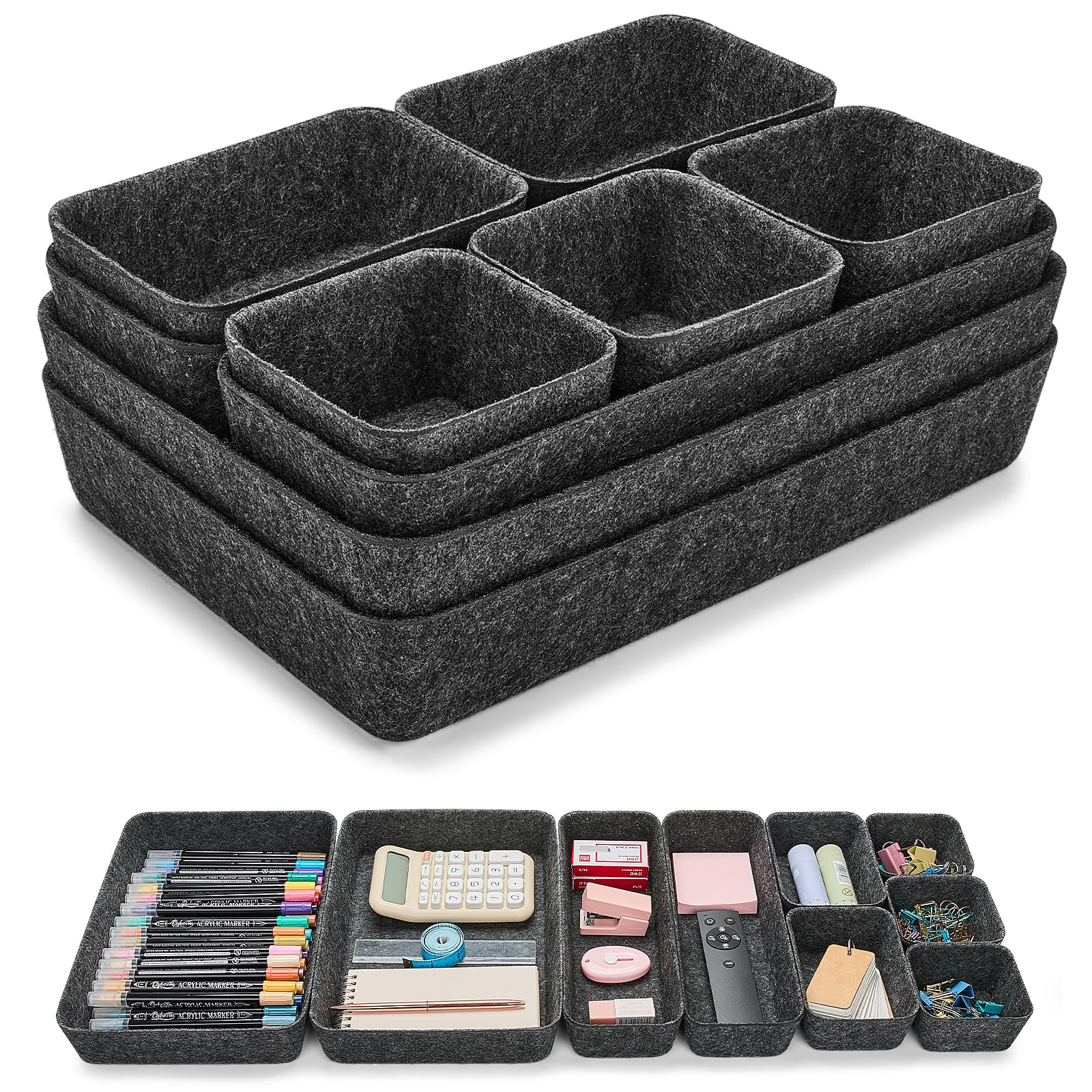 Eurhomewit 9 Stück Schubladen Organizer Filz, Schubladeneinsatz Büro Schubladen Ordnungssystem, Schminktisch Organizer für Schublade, Büro & Home Schrank Aufbewahrungsbox Organiser, Dunkelgrau