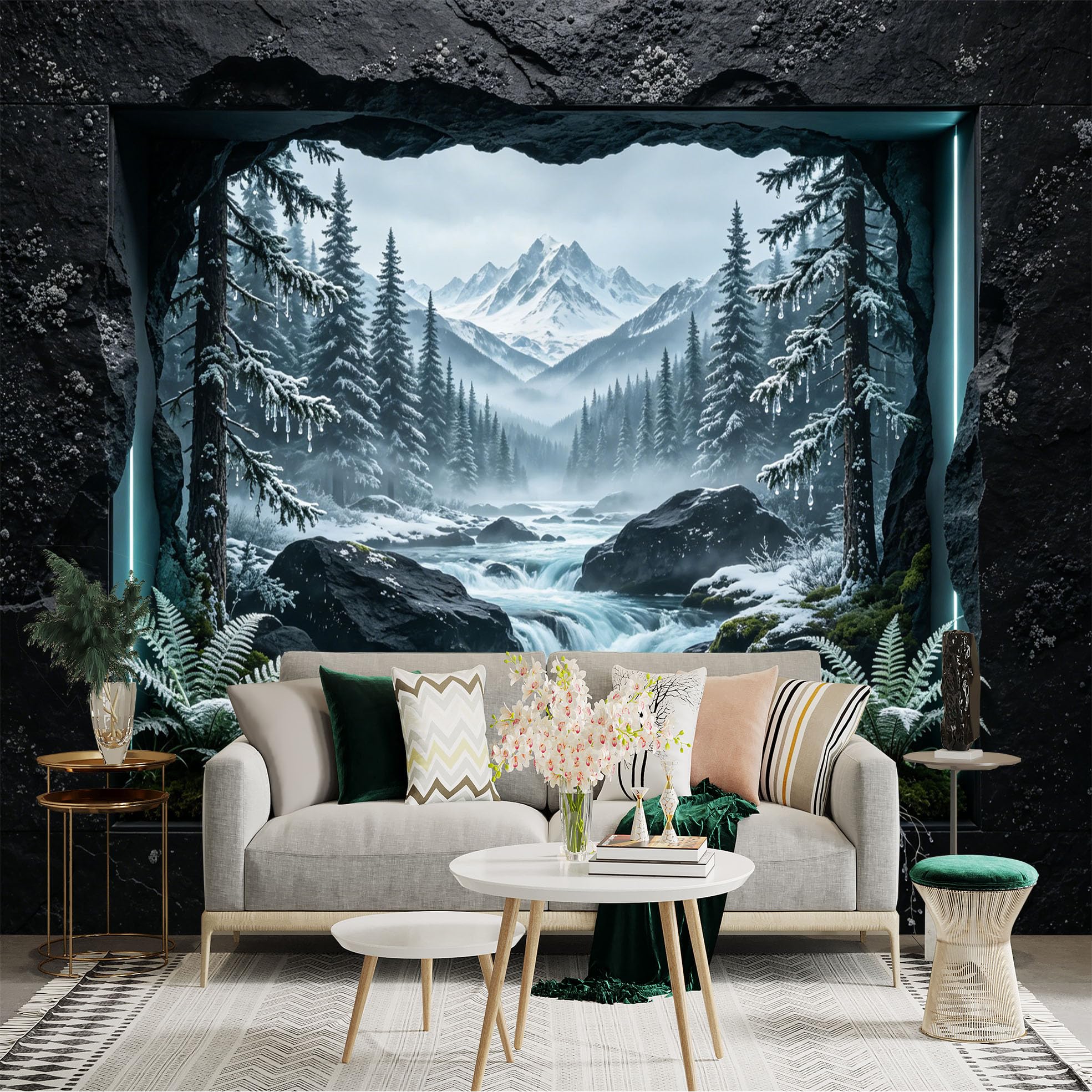Custom Size Wall Sticker Mural， Snowy Mountain River View with Pine Forest and Frozen Rocks， for wall Decoration， peelandstick wall Decals.
