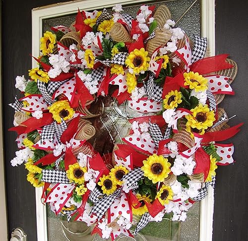 Bright Spring Summer Red Polka Dot Sunflower Deco Mesh Front Door Wreath, Porch Patio Decor, Indoor Outdoor Decoration