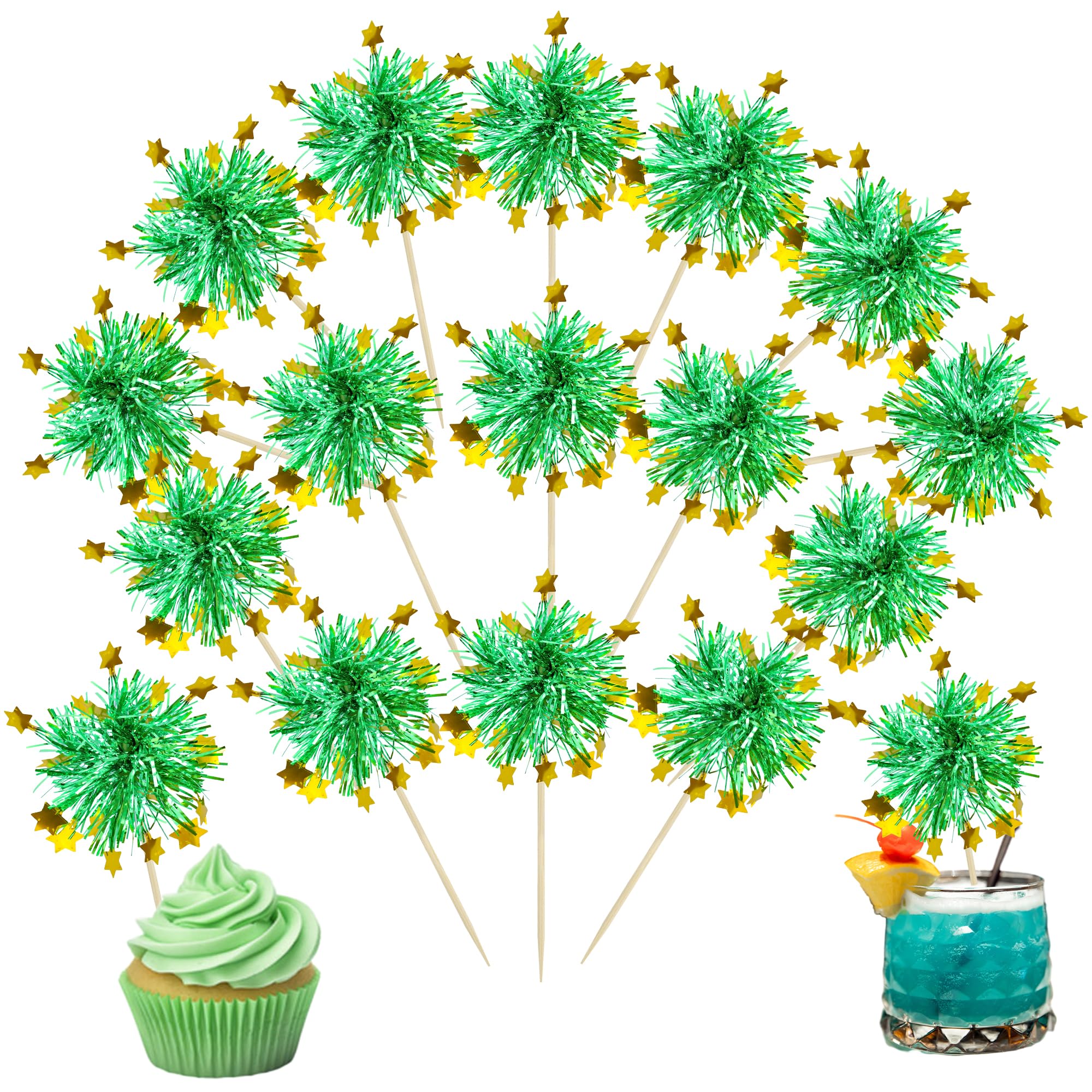 Ephlyn 30Pcs Foil Firework Cupcake Toppers Happy Birthday Cake Toppers Tinsel Flower Drink Stirrers Cocktail Food Fruit Toothpicks for Valentine's Day