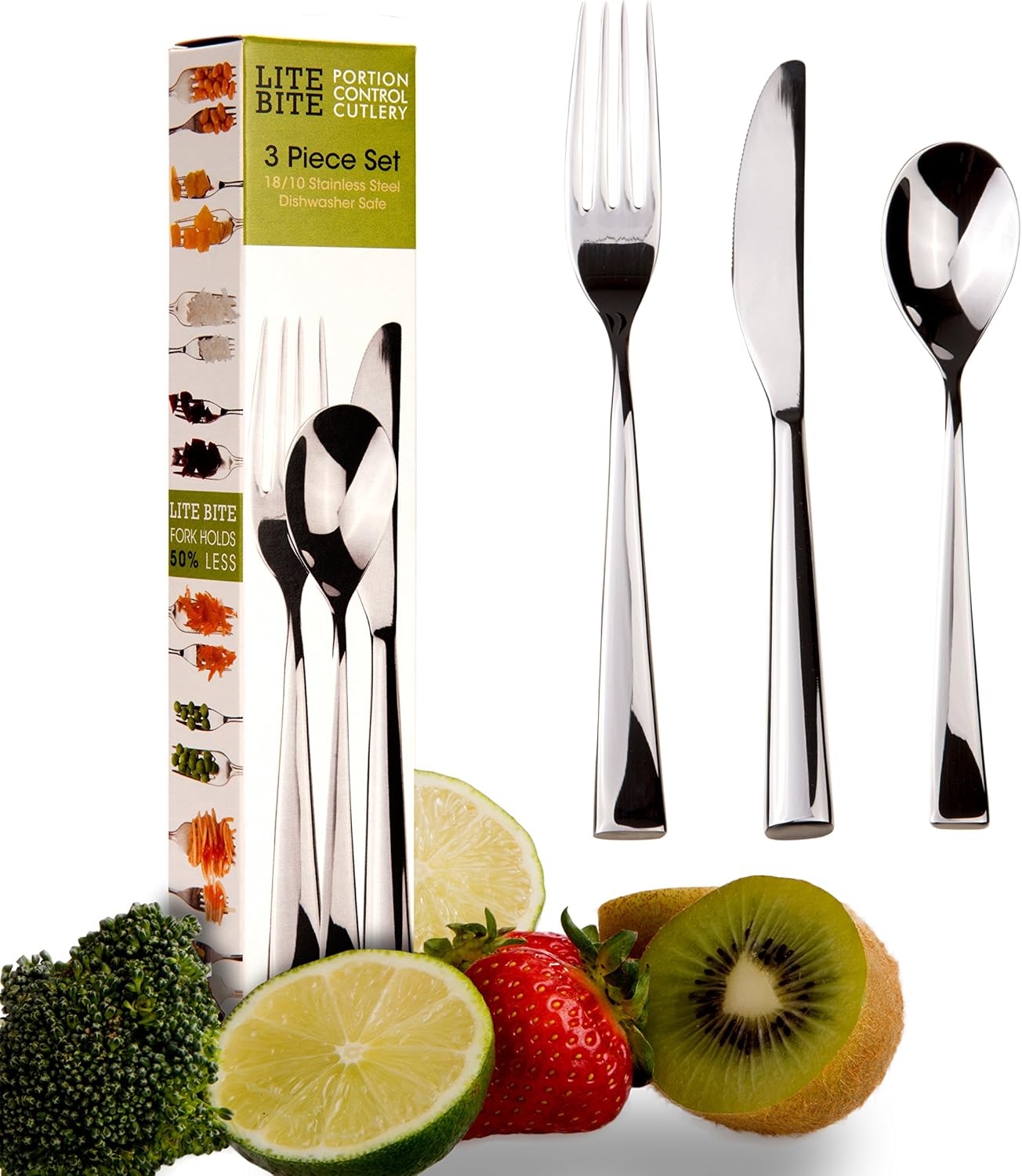Lite Bite Portion Control Cutlery (3 Pc Set) 18/10 Stainless Steel. Training Aid for Slower Eating