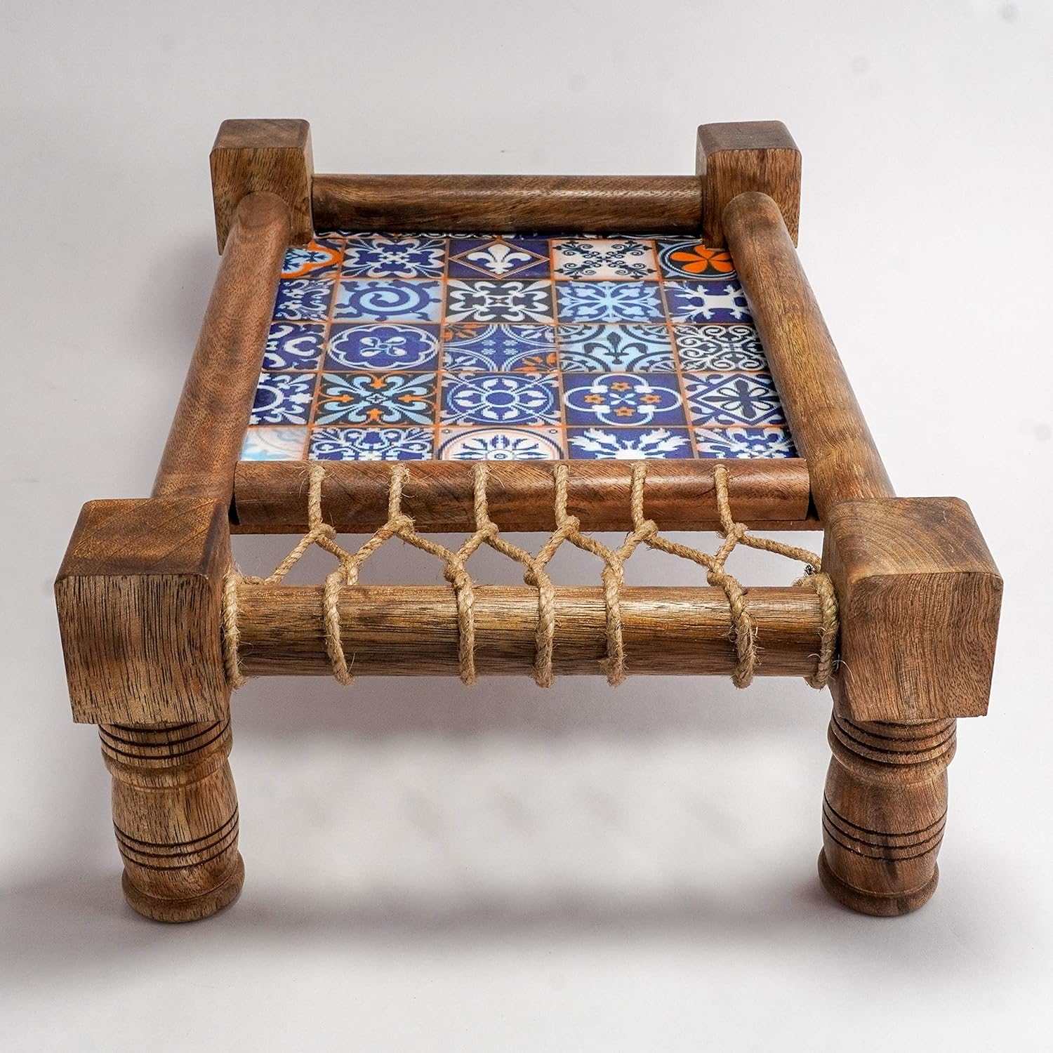 Handmade Decorative Wooden Cot Tray for Snacks & Drinks – Traditional Indian Serving Tray with Jute Weaving – Durable Hardwood Food Platter – 14" x 9" x 5" – Perfect for Parties & Home Decor
