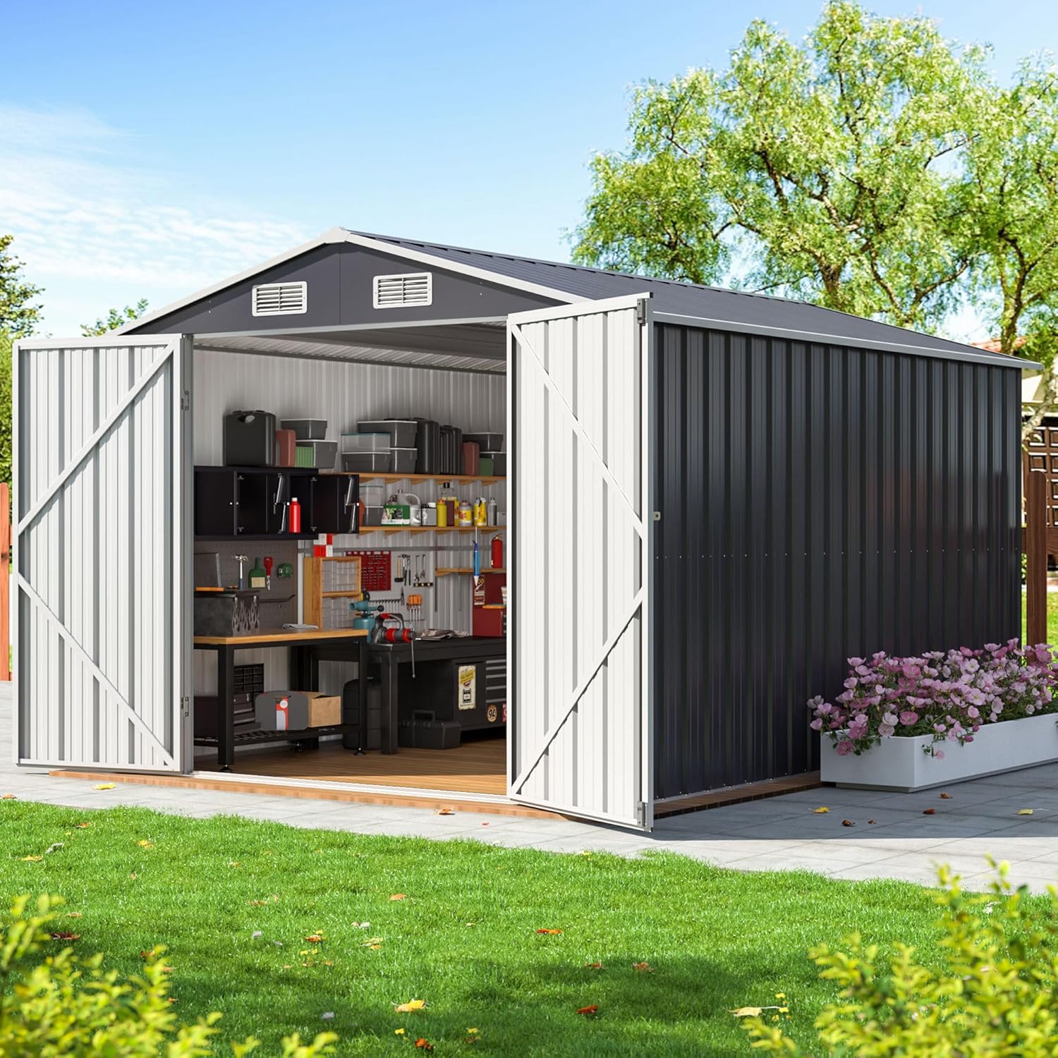 8x12 FT Outdoor Storage Shed, Metal Garden Tool Shed with Updated Frame Structure and Lockable Doors, Ideal for Backyard Garden Patio Lawn, Grey - Image 1 of 8