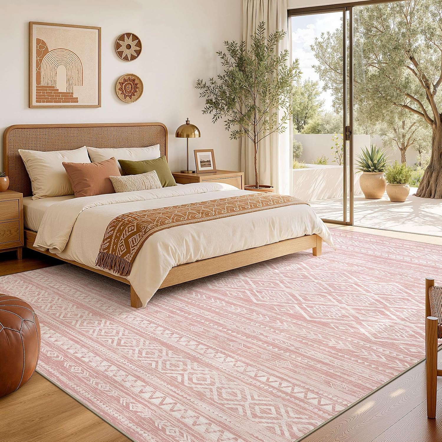  Area Rug Living Room Rugs: 5x7 Large Soft Machine Washable Boho Moroccan FarmNeutral Stain Resistant Indoor Floor Carpet for Bedroom Under Dining Table Home Office Decor-Pink thumbnail