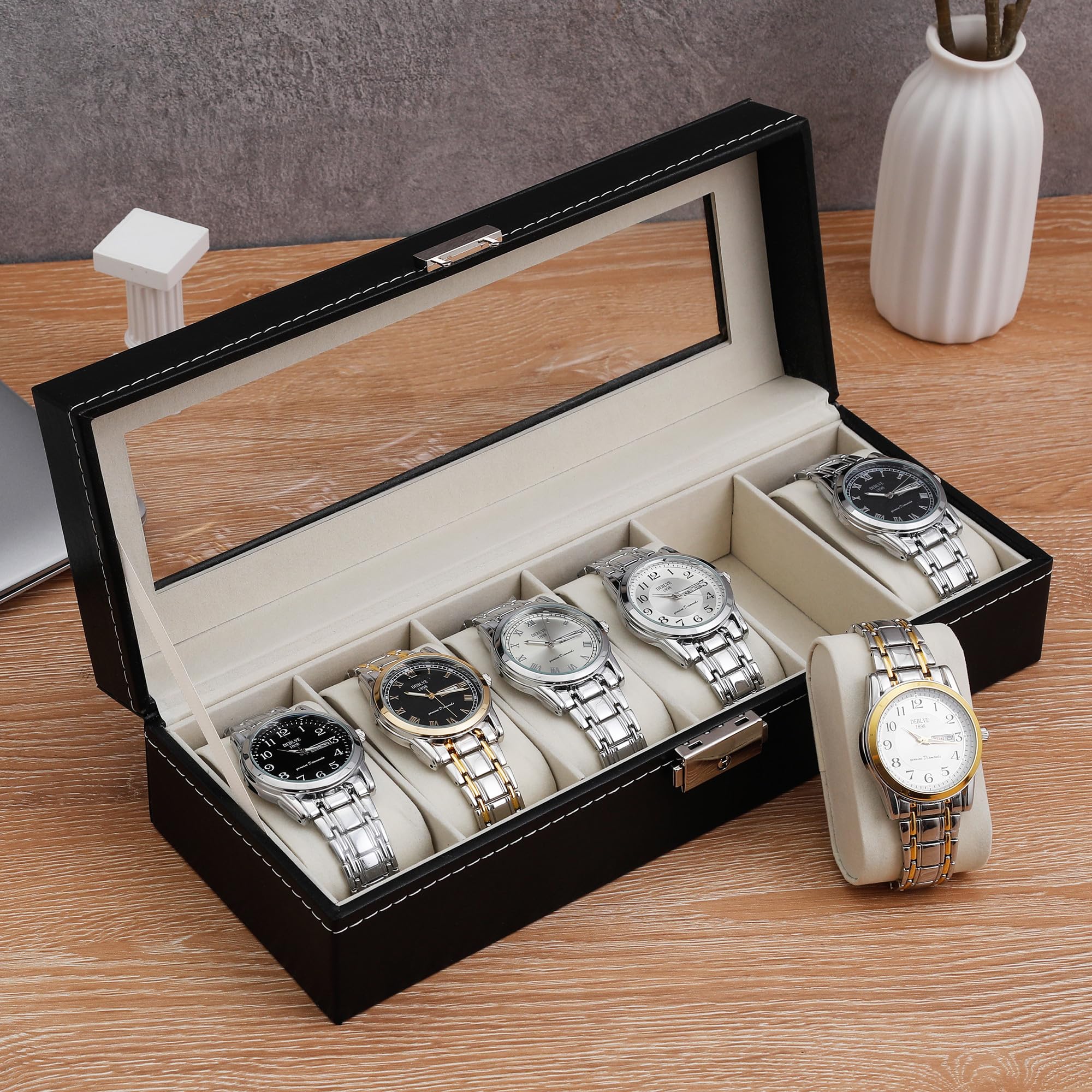 Nuangoo Estuche de Relojes con Cerradura y Tapa de Cristal