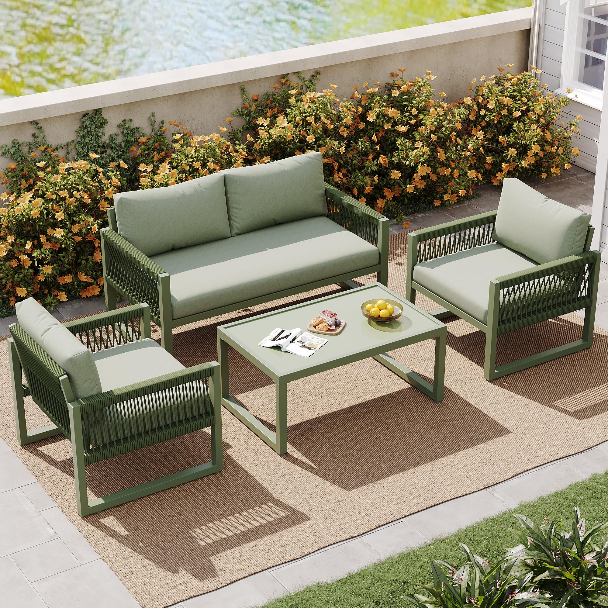 Kayan Set di mobili da giardino resistenti alle intemperie, per 4 persone, per esterni, con cuscini, 2 poltrone, panca da giardino, tavolo, con telaio in ferro zincato, per giardino, terrazza, balcone