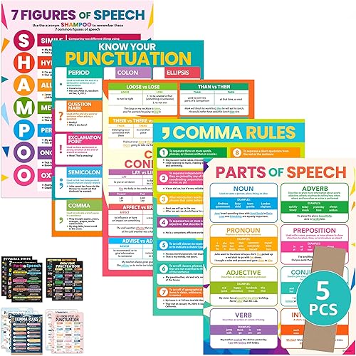 Decorably Carteles de inglés para aula, 5 pósteres de inglés para aula, carteles de 17 x 22 pulgadas para aula, pósteres de inglés para escuela