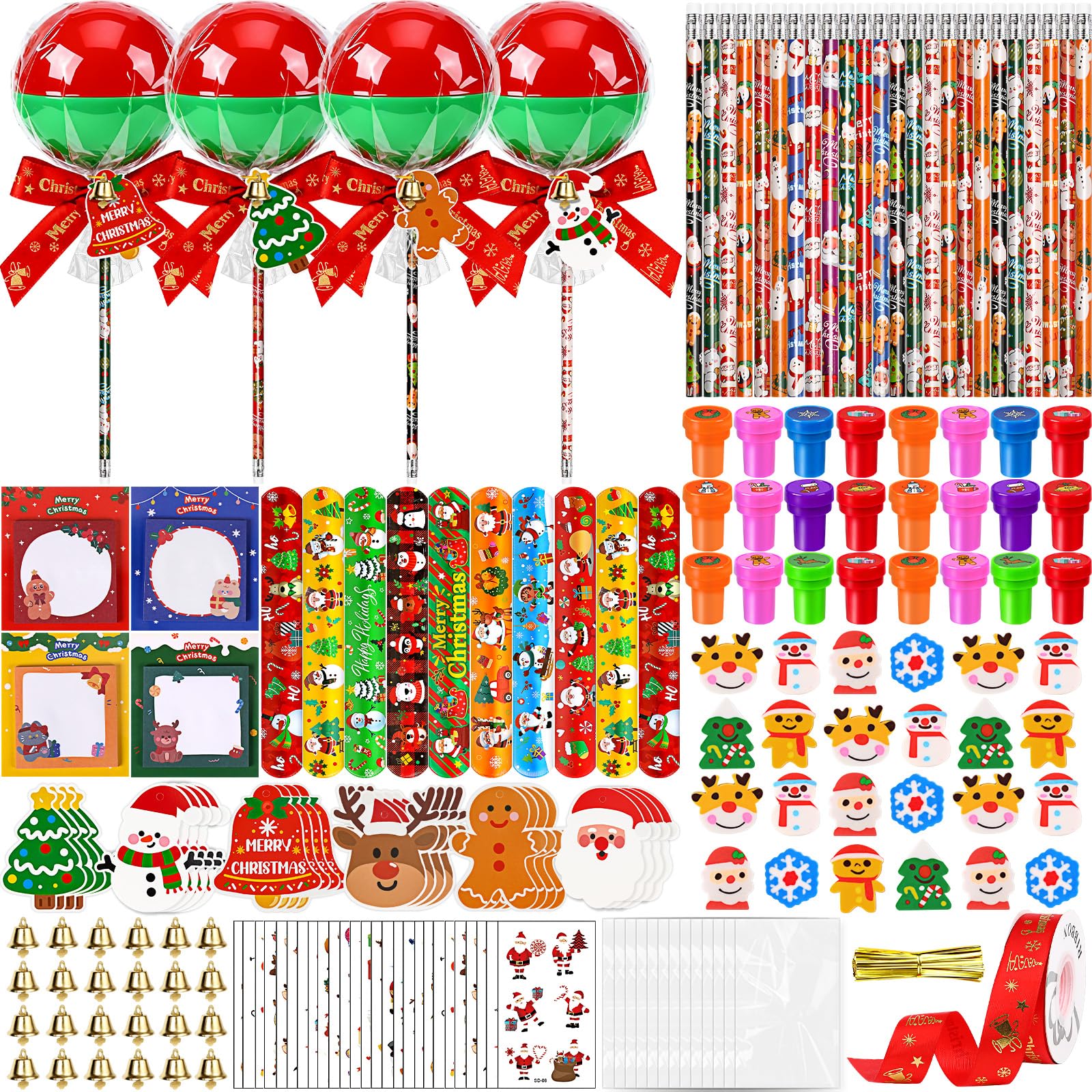 CZWZ 216Pcs Giant Lollipop Christmas Classroom Gifts, 24 Set Giant Lollipop with Pencils, Stickers, Erasers for Classroom School Exchange Christmas Party Favors Supplies