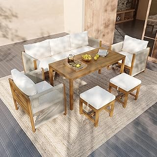Mrwoo Gartenmöbel Set, Gartenmöbel Loungeset für 7 Personen, Handgewebtes Seil, Sitzgruppe für Garten Terrasse Balkon, 3er-Sofa, 2 Einzelsofas, 2 Hocker, Esstisch, mit Kissen, Beige