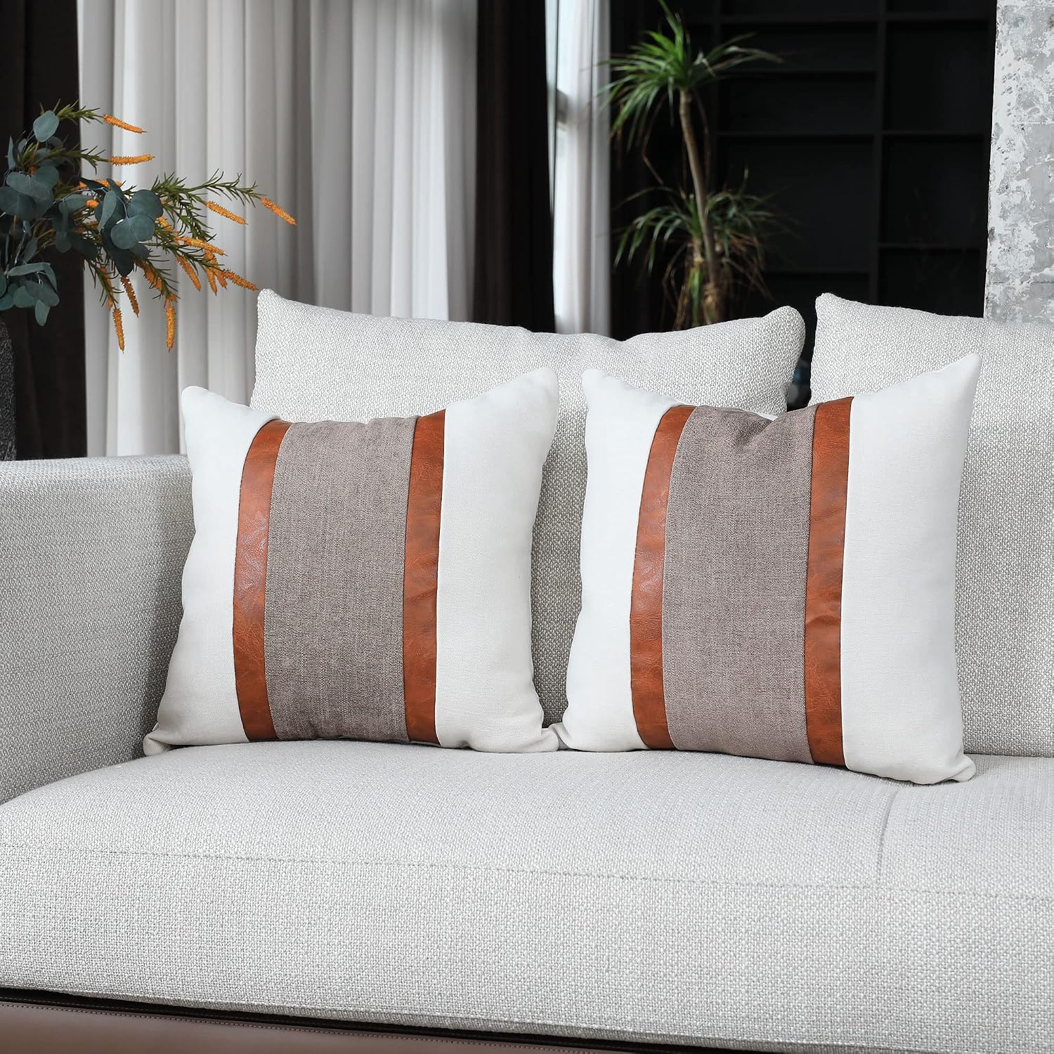 BOYSUM Leather Farmhouse Pillows Cover 18x18 Inch, Beige and Coffee Pack of 2 Patchwork Decorative Outdoor Throw Pillow Case for Couch Chair Bedroom (Coffee)