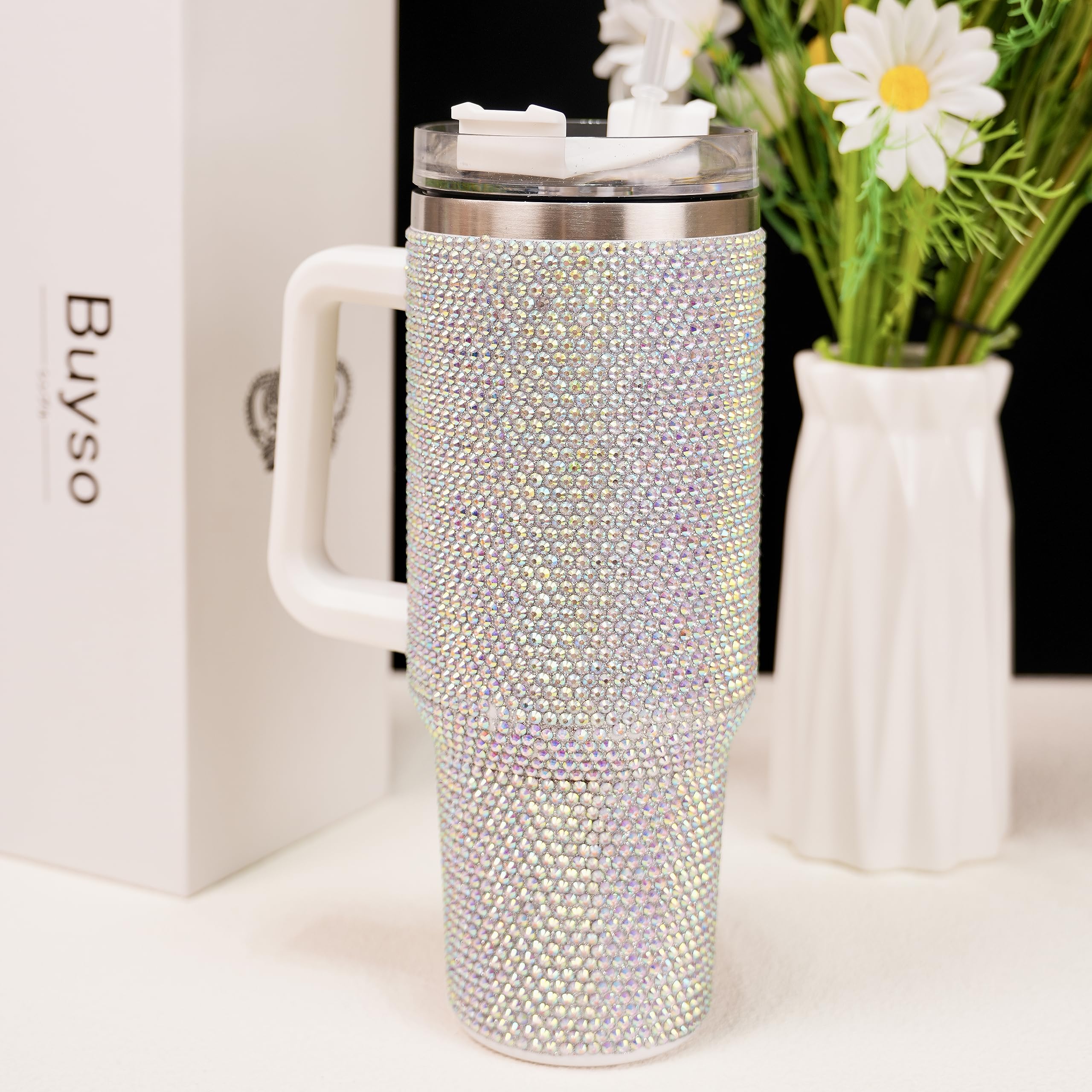 Glitzernder Becher mit Griff, Strasssteine, Becher mit Deckel und Strohhalm, isoliert, Edelstahl, doppelwandig, Wasserbecher, Reisebecher für Damen, 1,2 l, glänzend, 1,2 l