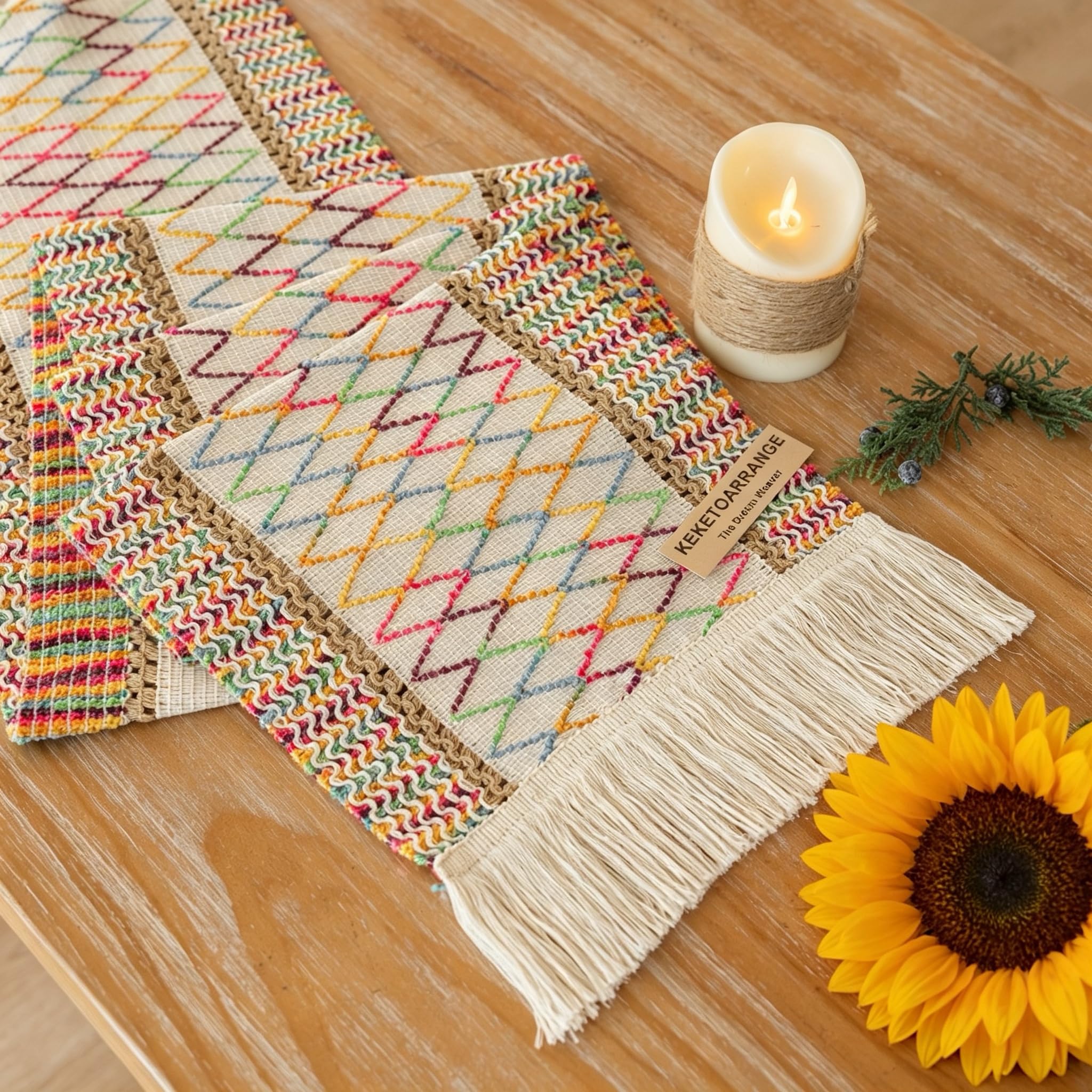 Photo 1 of Keketoarrange Boho Summer Table Runner Colorful for Home Decorations 12x48 Inches Farmhouse Small Macrame Woven Burlap Rustic Coffee Dresser Dining Kitchen Centerpiece Bohemian Decor