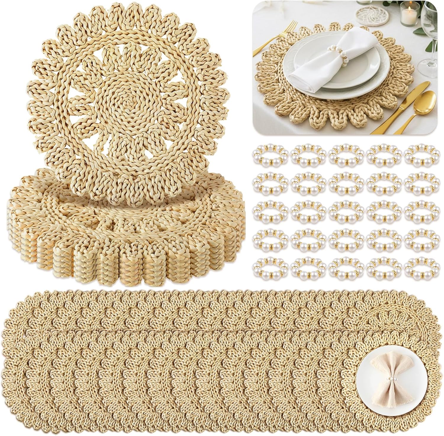 50 Pcs 13.8 Inch Corn Husk Woven Round Placemats Set with Pearl Napkin Rings, Flower Round Woven Placemats Set, Boho Farmhouse Rustic Chargers Mat Bulk for Wedding Party, Dinner Table